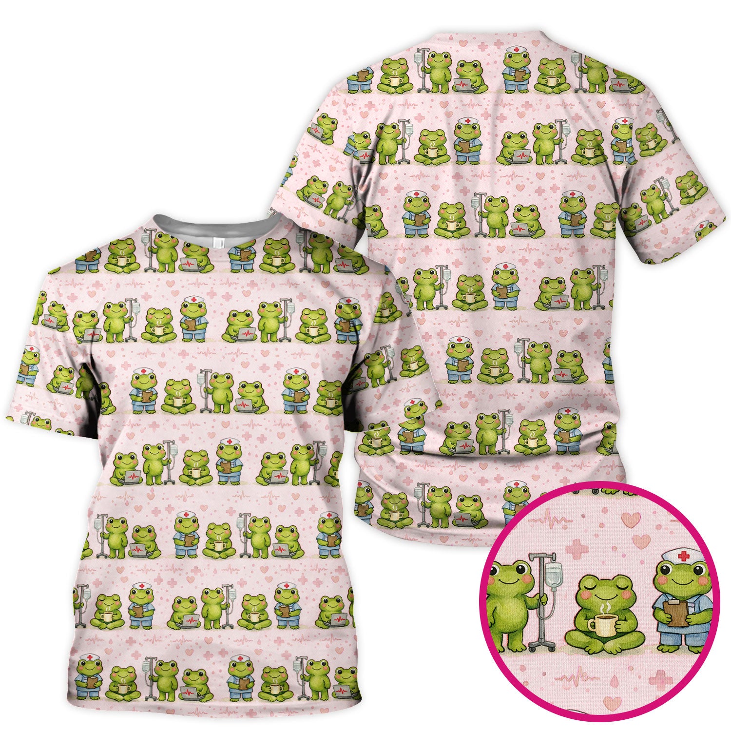 Adorable Frog Nurse Various Poses Print Scrub Top, Comfortable Scrubs for Nurses
