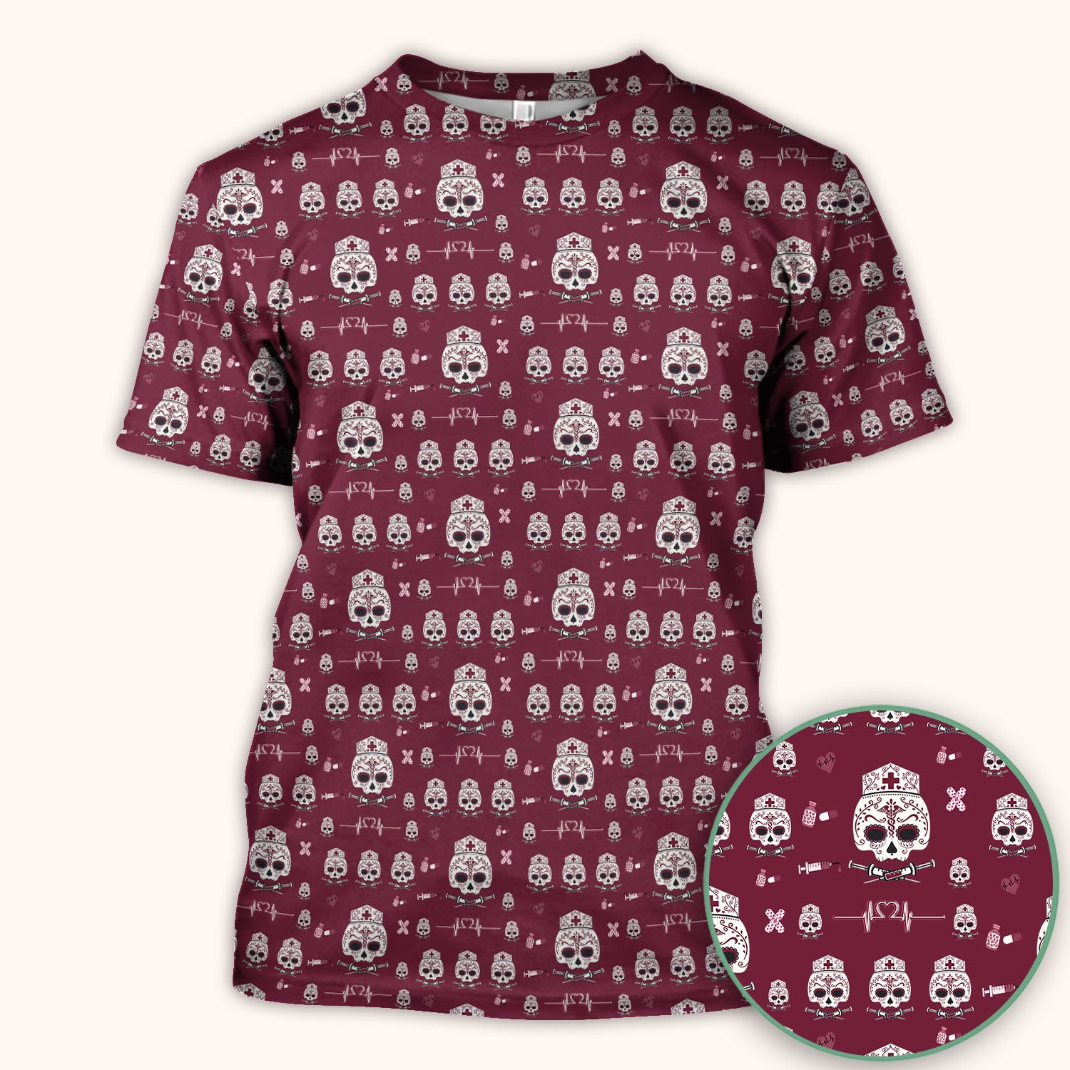 Sugar Skull Scrub Top, Skull Pattern Scrub Shirt, Breathable Fabrics Nursing Uniform