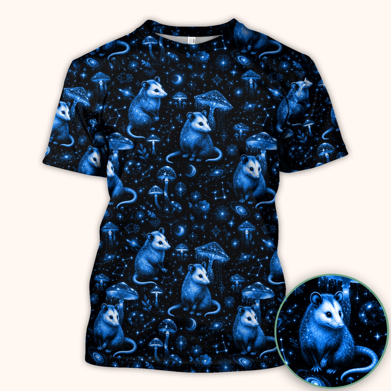 Celestial Blue Opossum With Mushroom Pattern Scrub Top, Comfortable Scrubs for Nurses
