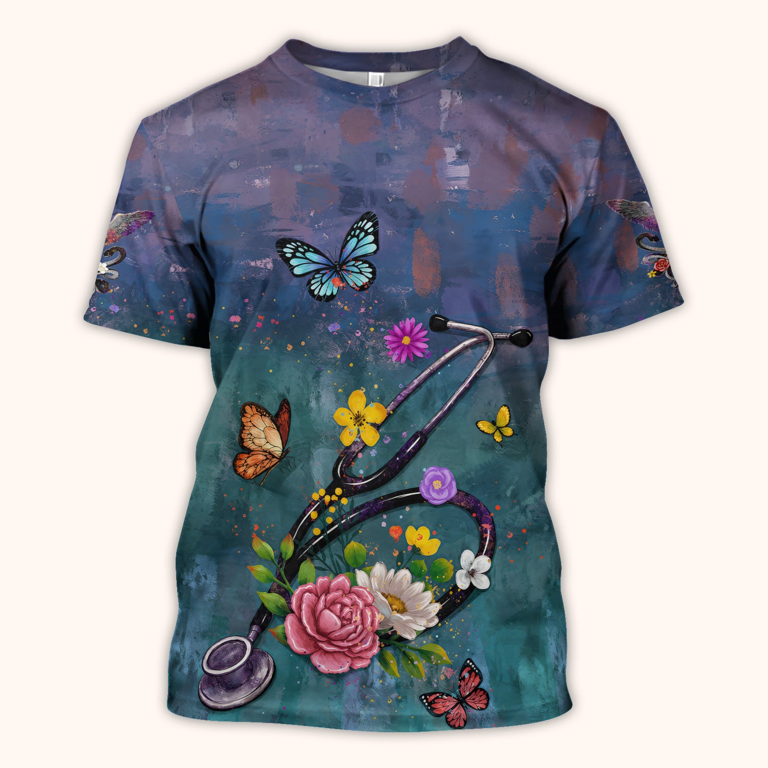Floral Stethoscope Nurse Scrub Top for RN, CNA, Healthcare Workers, Medical Uniform