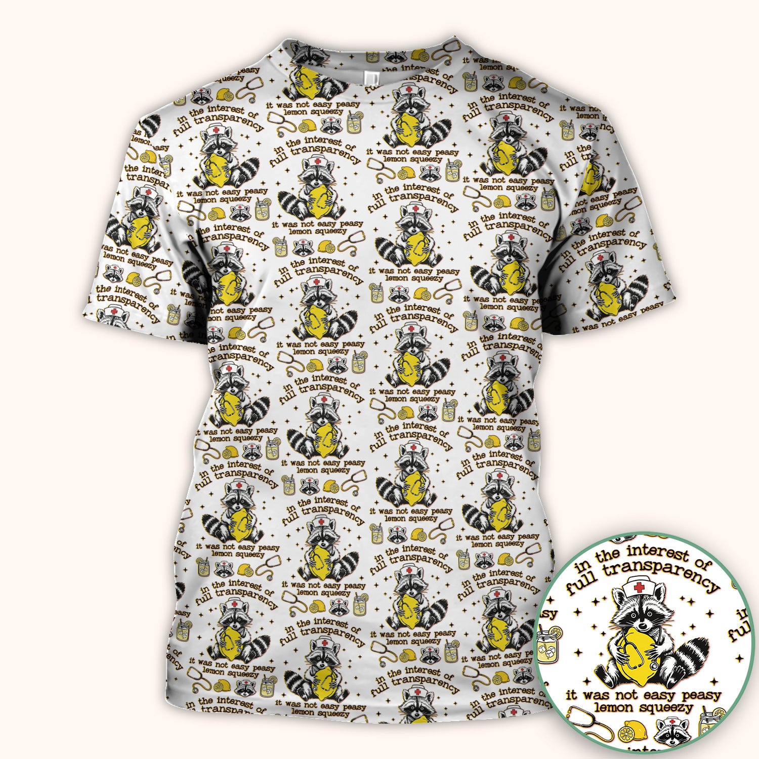 Raccoon Lemon Quote Medical Humor Pattern Scrub Top, Breathable Fabrics Nursing Uniform