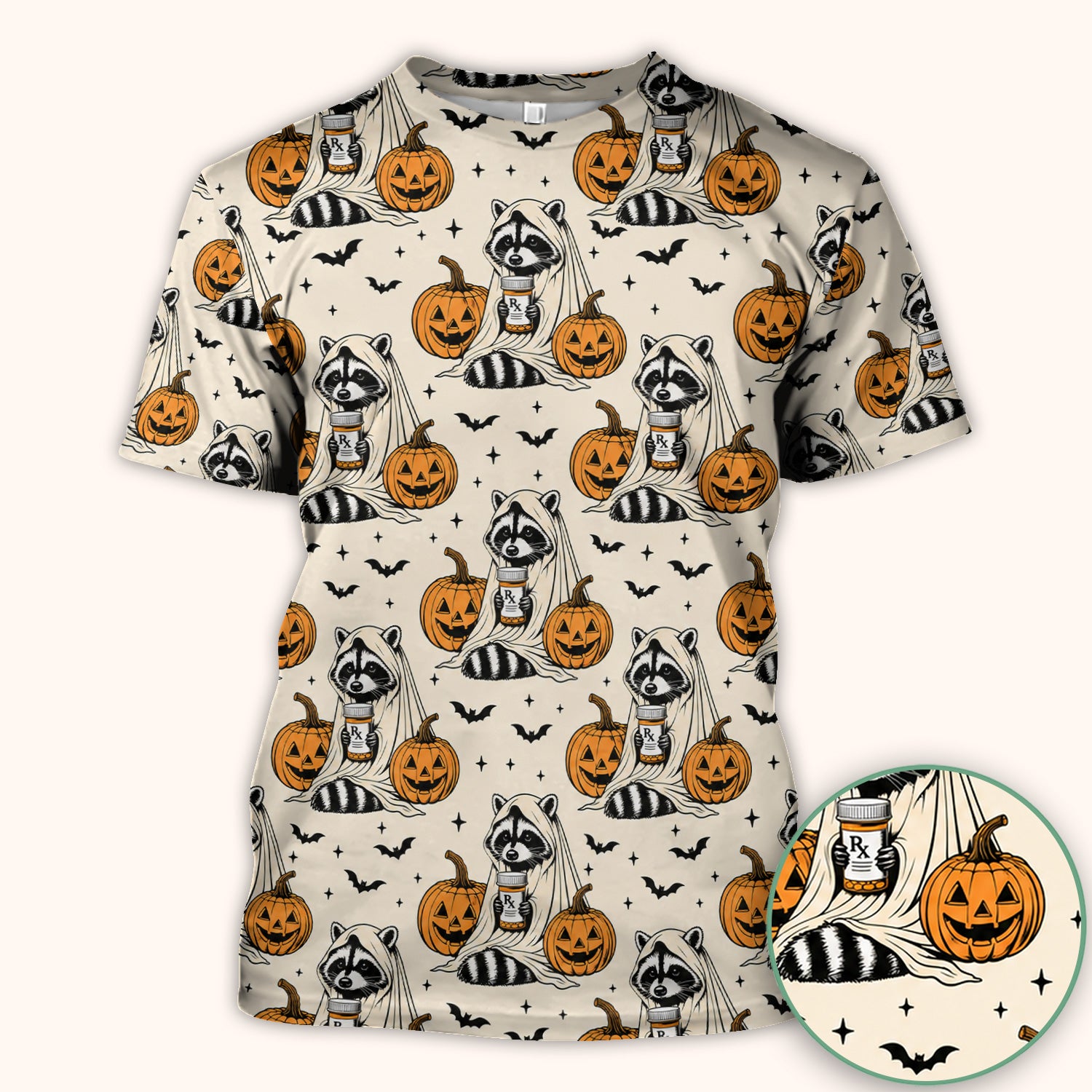 Halloween Raccoon with Pumpkin Bat Print Scrub Top, Comfortable Scrubs for Nurses