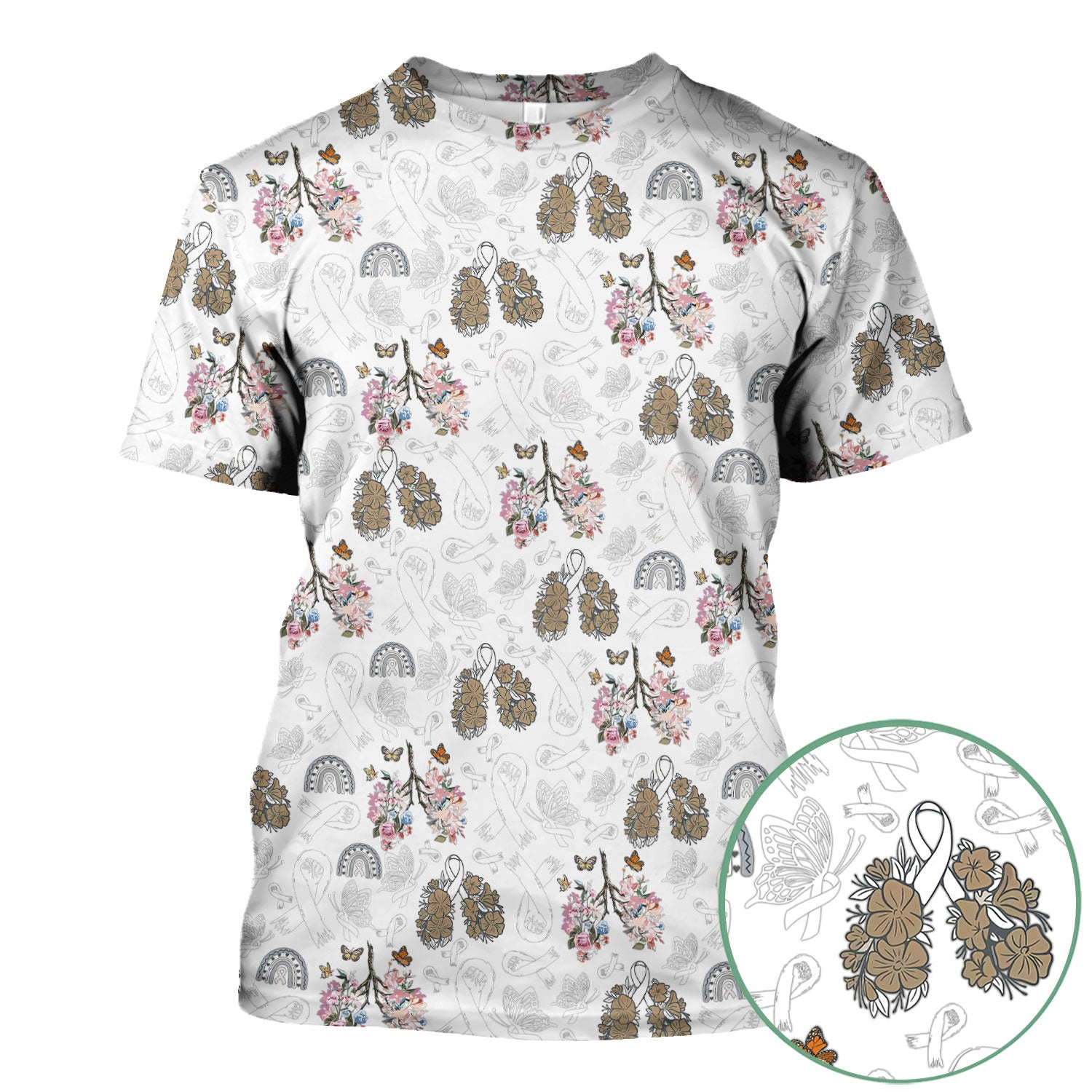 Lung Cancer Awareness Nurse Scrub Top - White Ribbon Butterfly Floral Medical Uniform - Comfortable V-Neck Nursing Shirt Gift