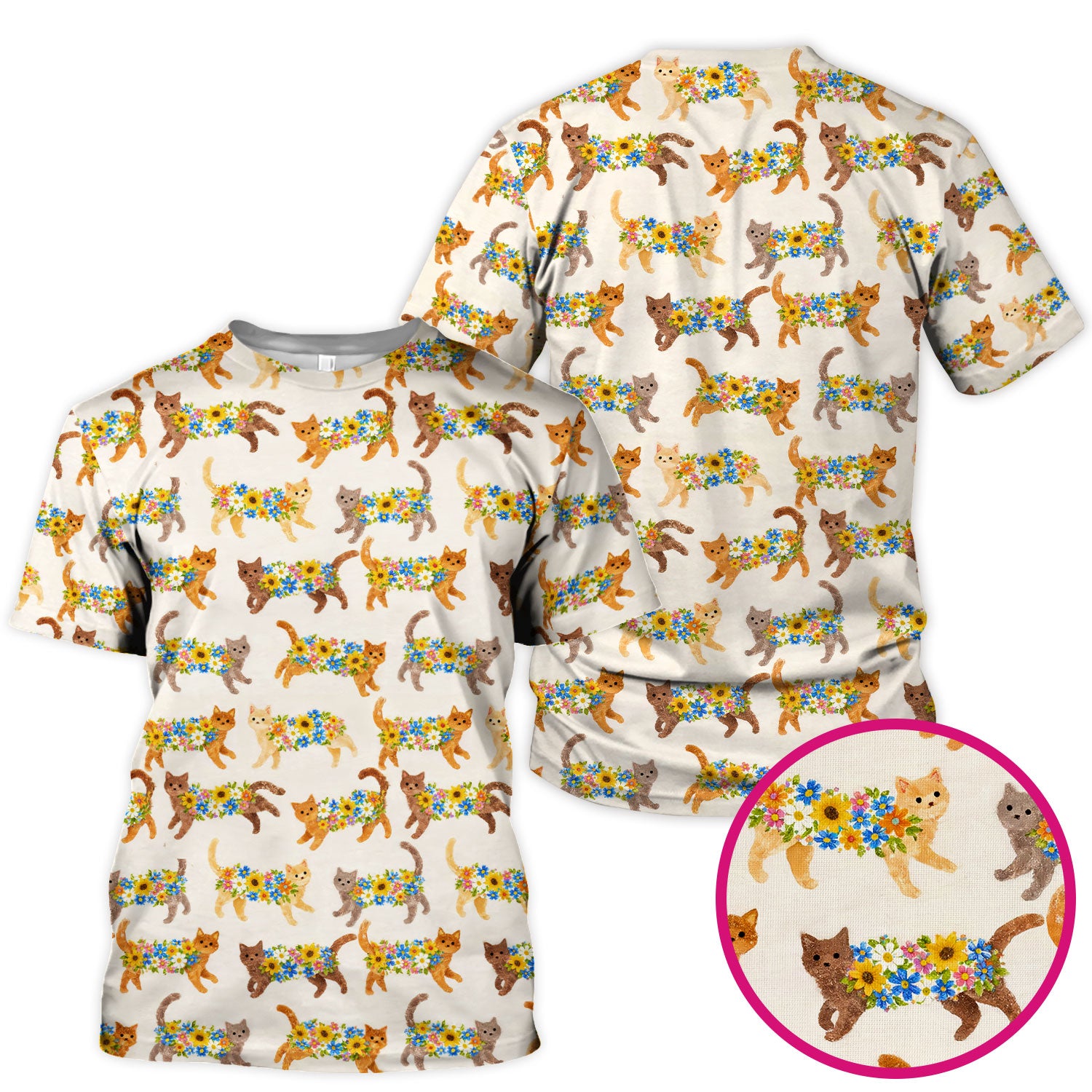 Cute Flower Filled Cat Pattern Scrub Top, Breathable Fabrics Nursing Uniform