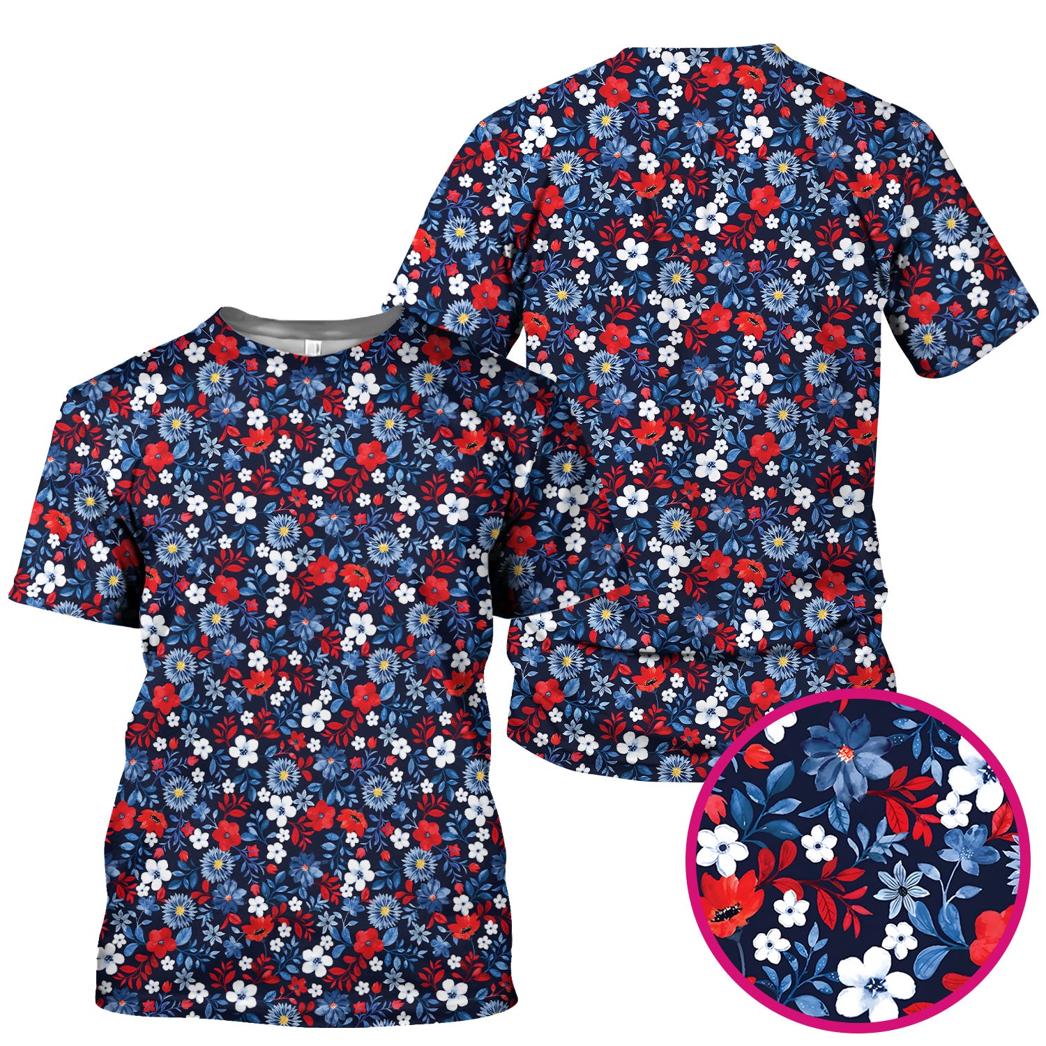 Classic Floral Print V Neck Scrub Top for Nurses, Blue Red Medical Uniform