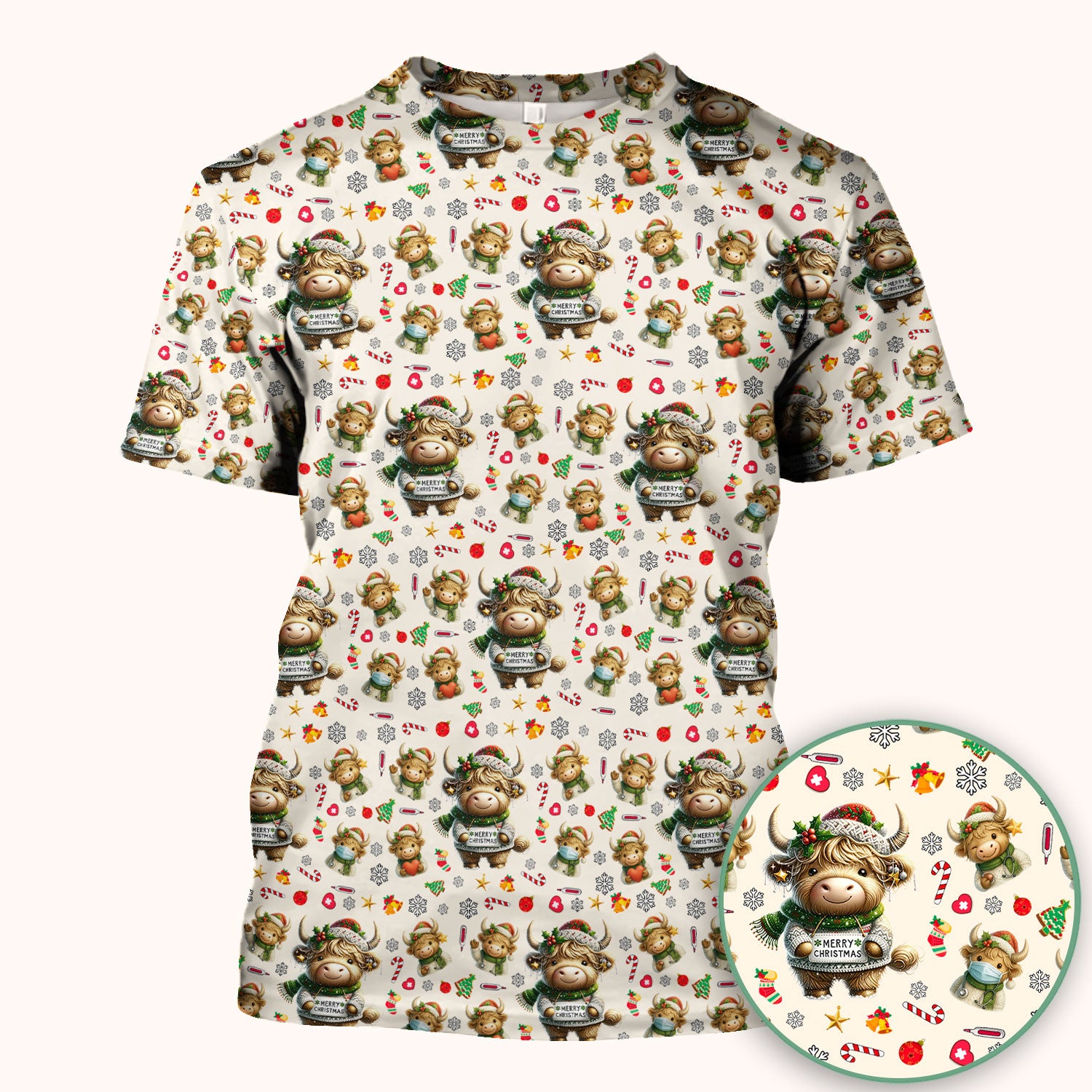 Highland Cow Christmas Scrub Top, Festive Cow Nurse Shirt With Holiday Pattern, Cute Medical Uniform For Women