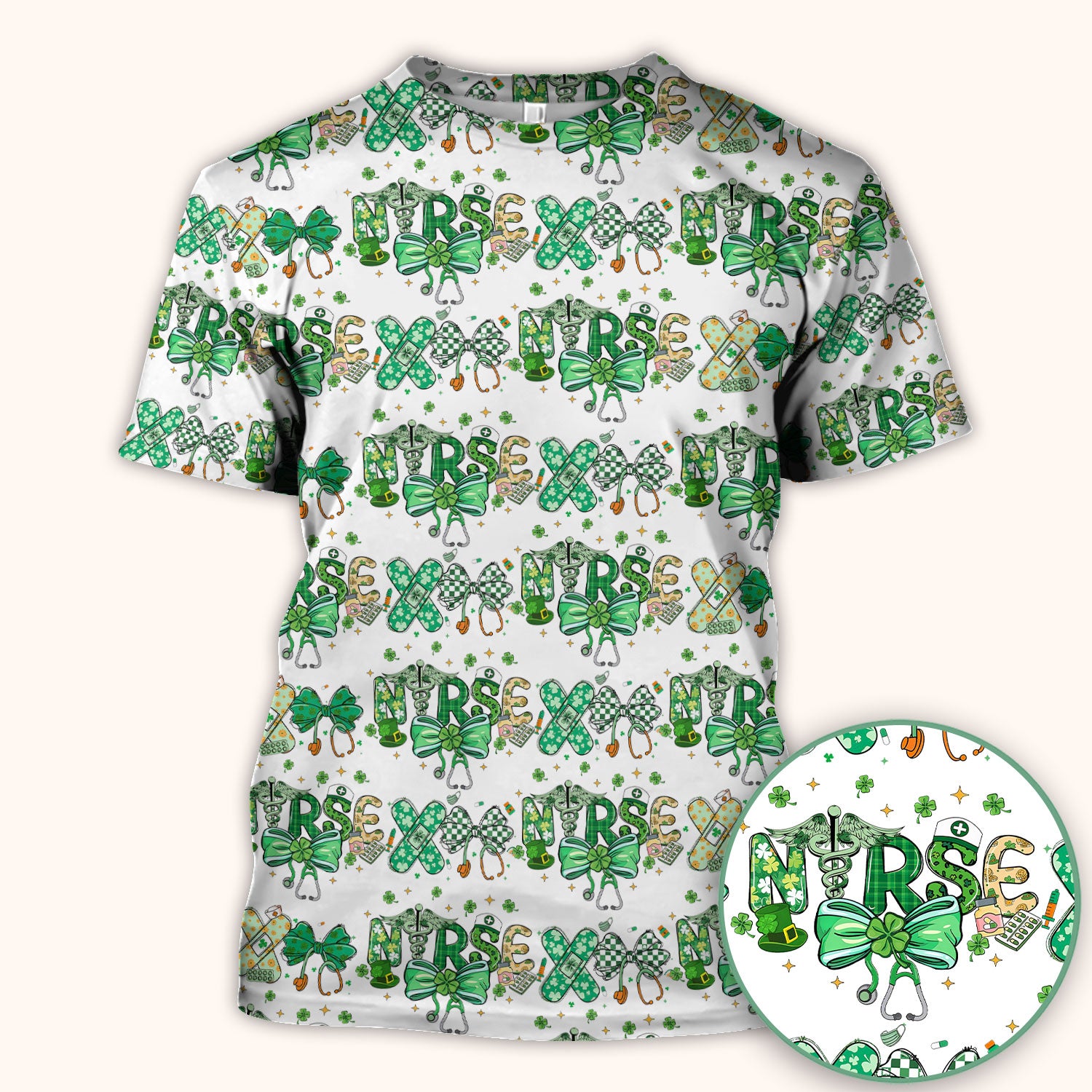 St. Patrick’s Nurse Scrub Top, Lucky Clover And Green Bow Pattern Nurse Shirt, Breathable Fabrics Nursing Uniform