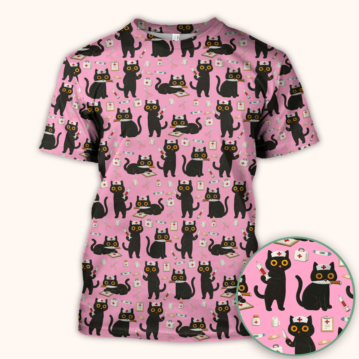 Cute Black Cat Nurse Pattern Scrub Top, Comfortable Scrubs for Nurses