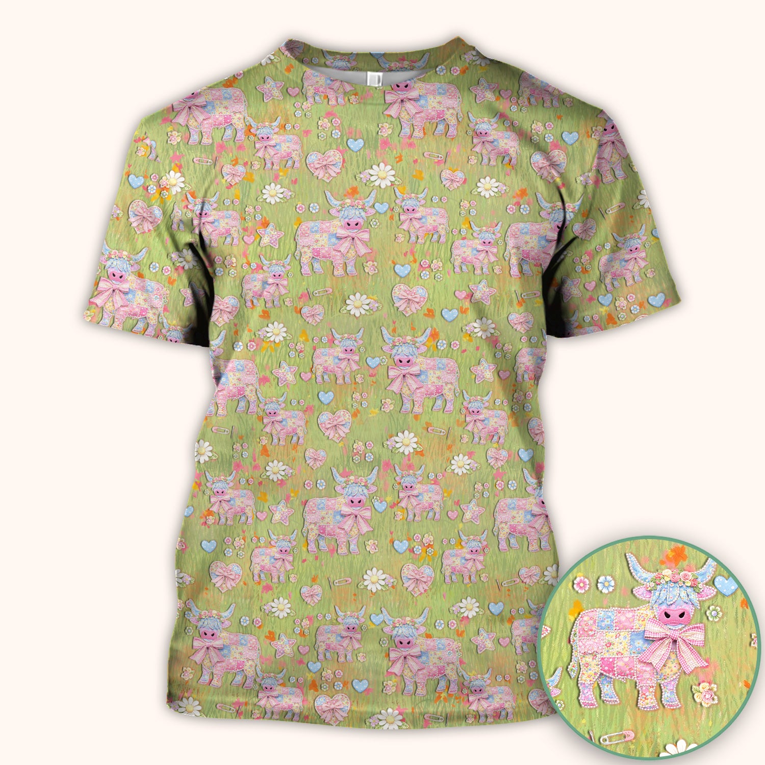 Cute Girly Cow Daisy Pastel Pattern Scrub Top, Comfortable Scrubs for Nurses