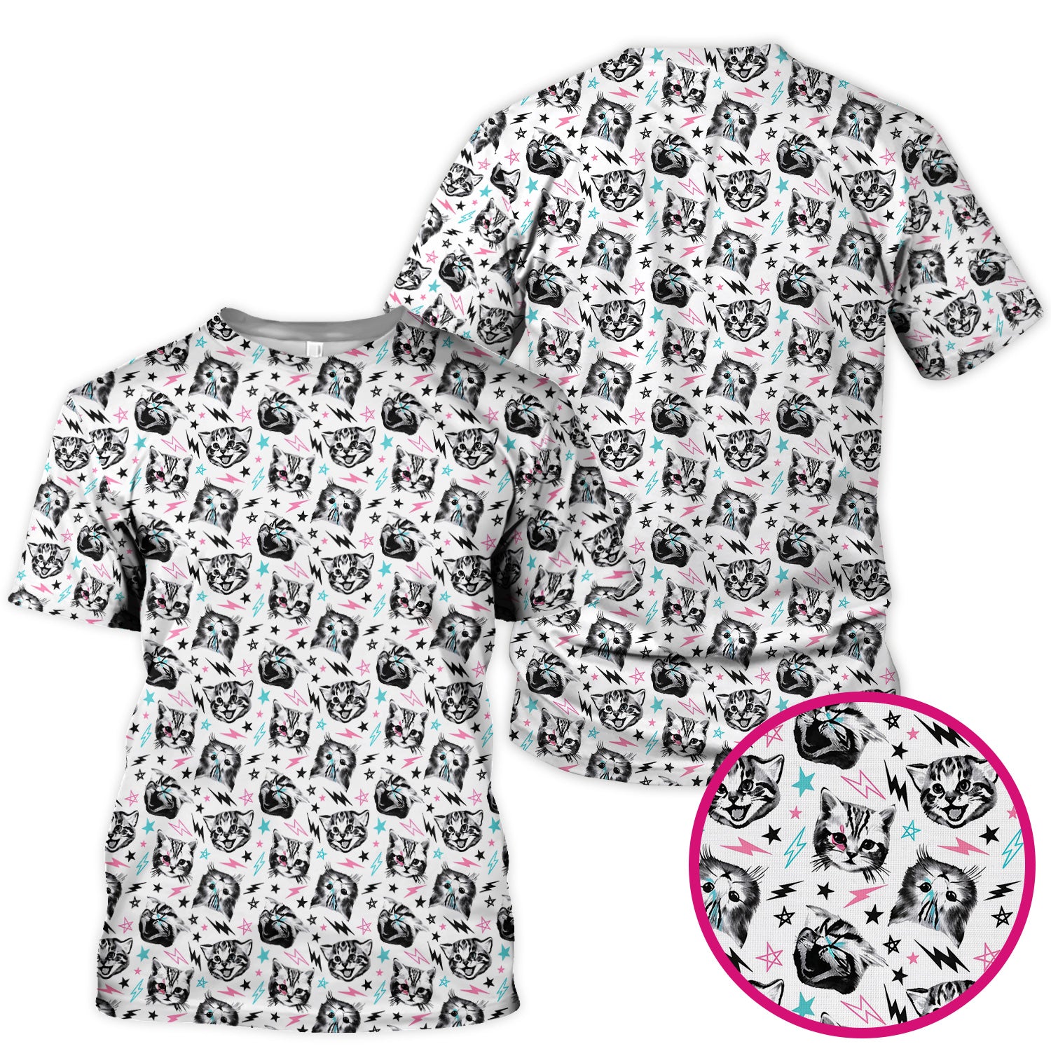 Playful Cat Faces Lightning Pattern Scrub Top, Comfortable Scrubs for Nurses