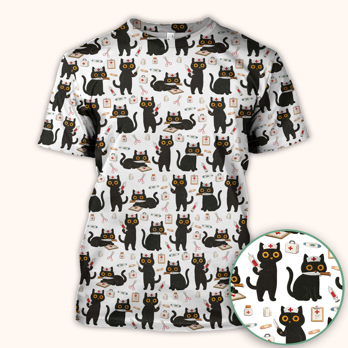 Cute Black Cat Nurse Pattern Scrub Top, Comfortable Scrubs for Nurses