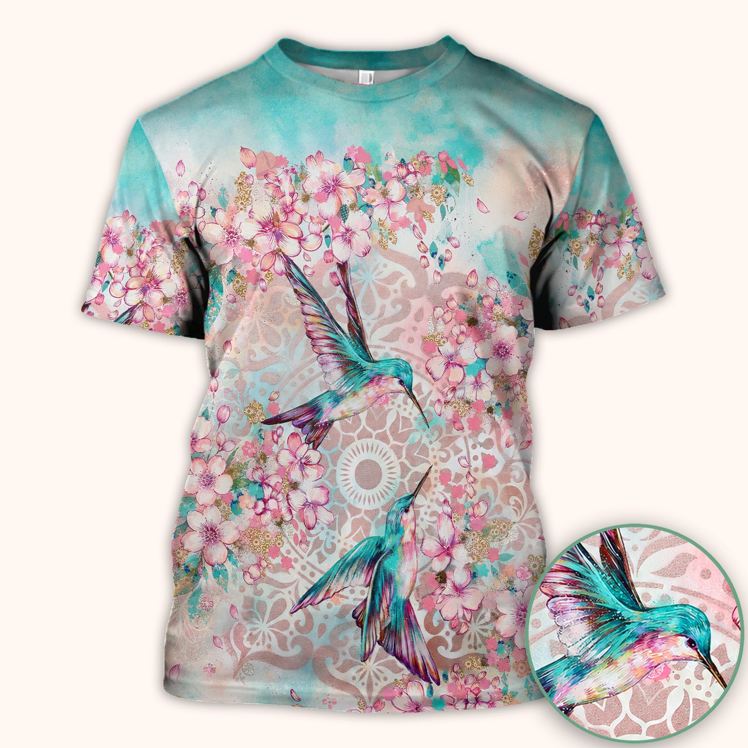 Charming Hummingbird Cherry Blossom Pattern Scrub Top, Comfortable Scrubs for Nurses