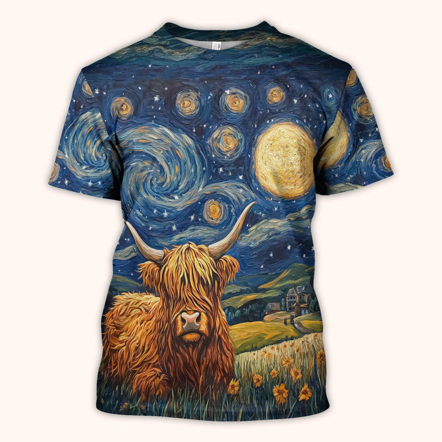 Artistic Highland Cow Starry Night Scene Pattern Scrub Top, Comfortable Scrubs for Nurses