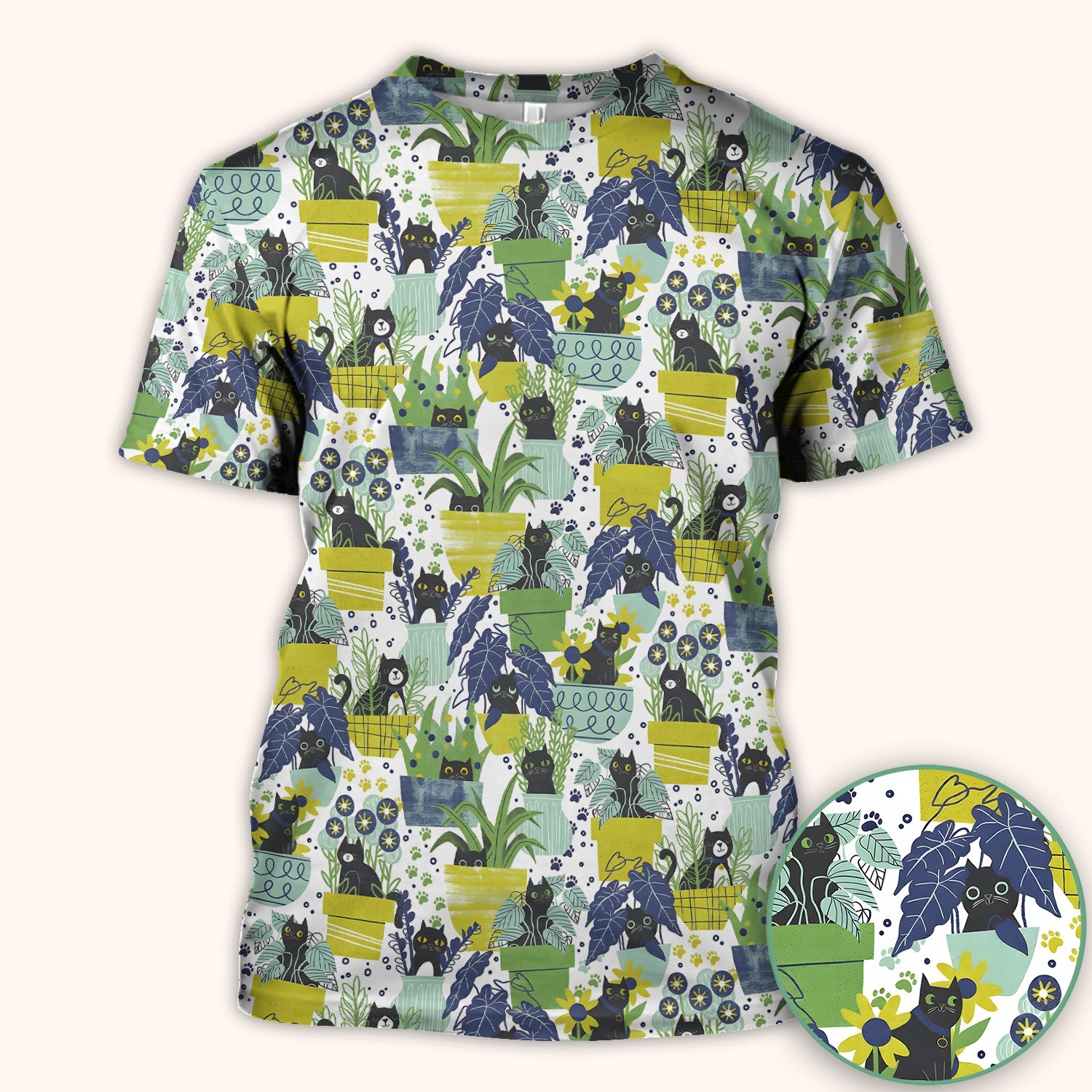 Black Cat Planter Garden Pattern Scrub Top, Comfortable Scrubs for Nurses