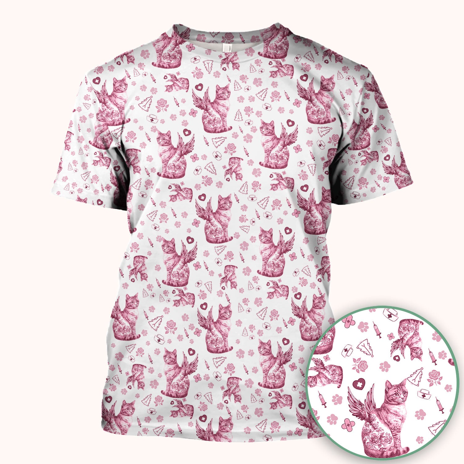 Toile de Jouy Cat Angel Scrub Top - Blue Vintage Nurse Shirt - French Style Medical Uniform for Women RN LPN CNA Gift
