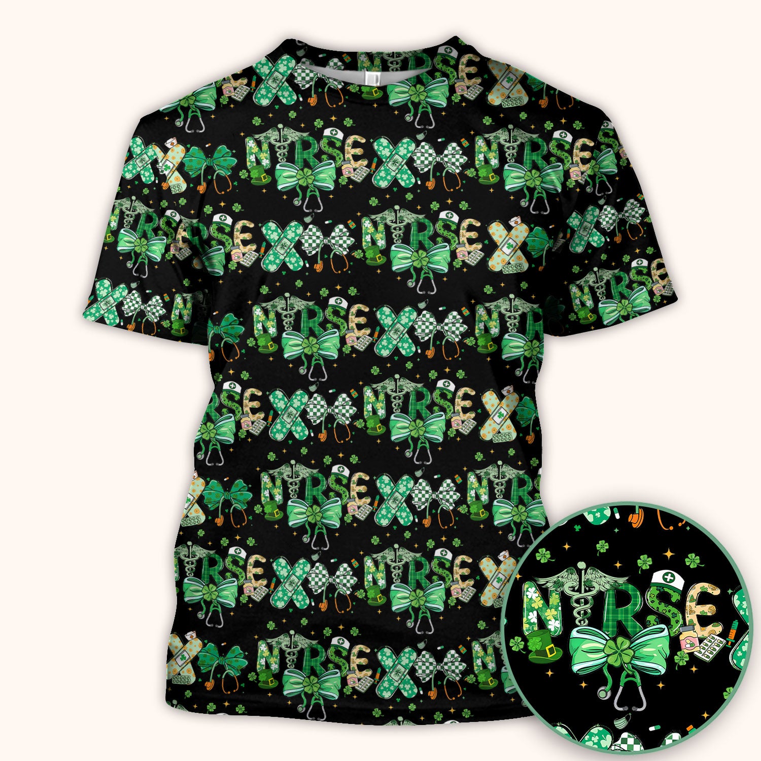 St. Patrick’s Nurse Scrub Top, Lucky Clover And Green Bow Pattern Nurse Shirt, Breathable Fabrics Nursing Uniform