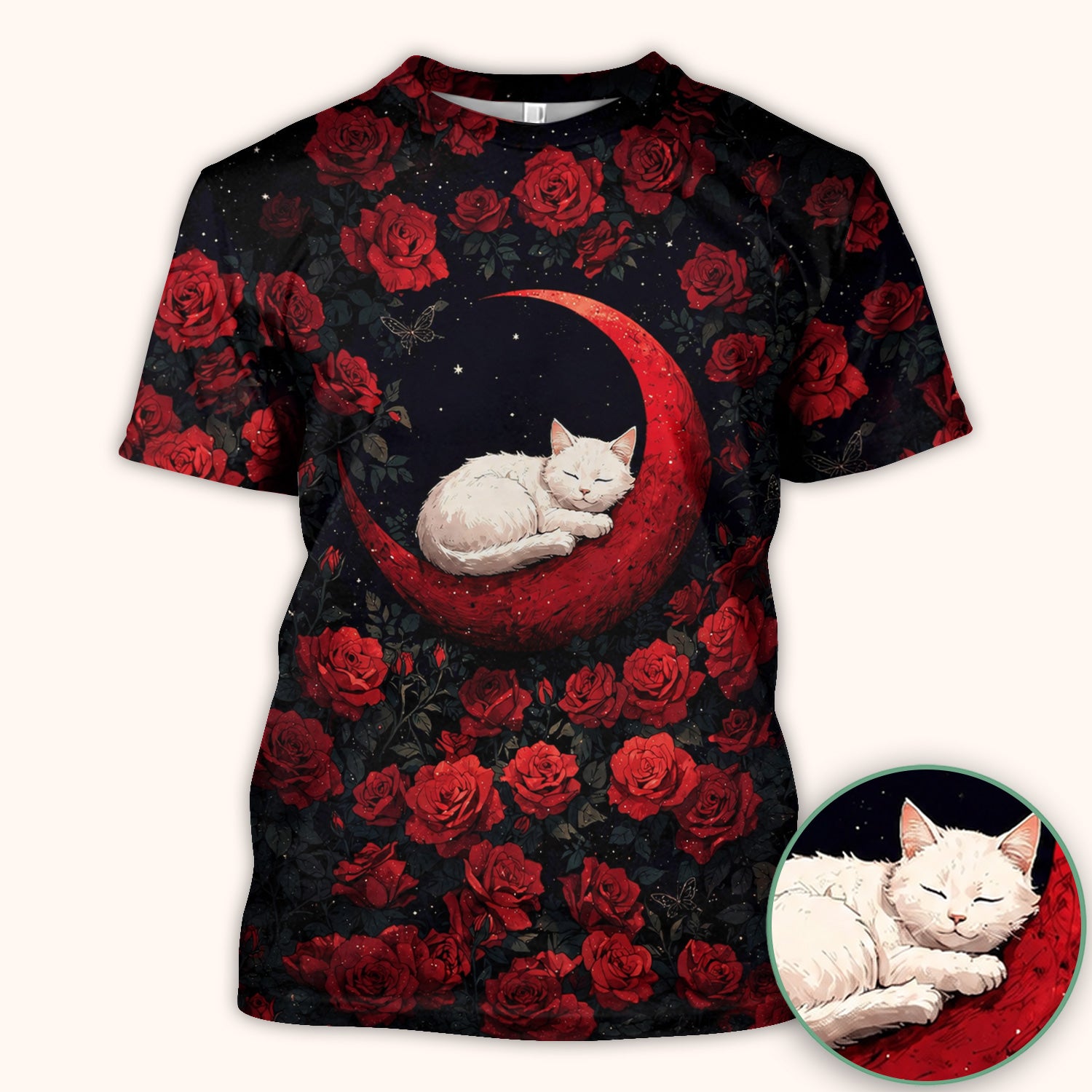 Gothic Red Moon Cat Nurse for Veterinary Staff, RN, CNA, Rose Medical Scrub Top, Comfortable Scrubs for Nurses