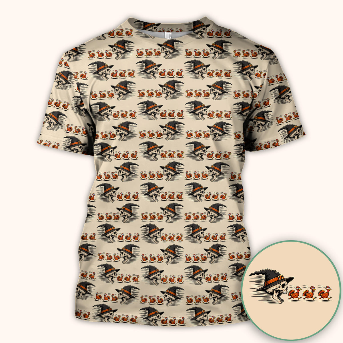 Funny Thanksgiving Skull Chasing Turkeys Pattern Scrub Top, Comfortable Scrubs for Nurses