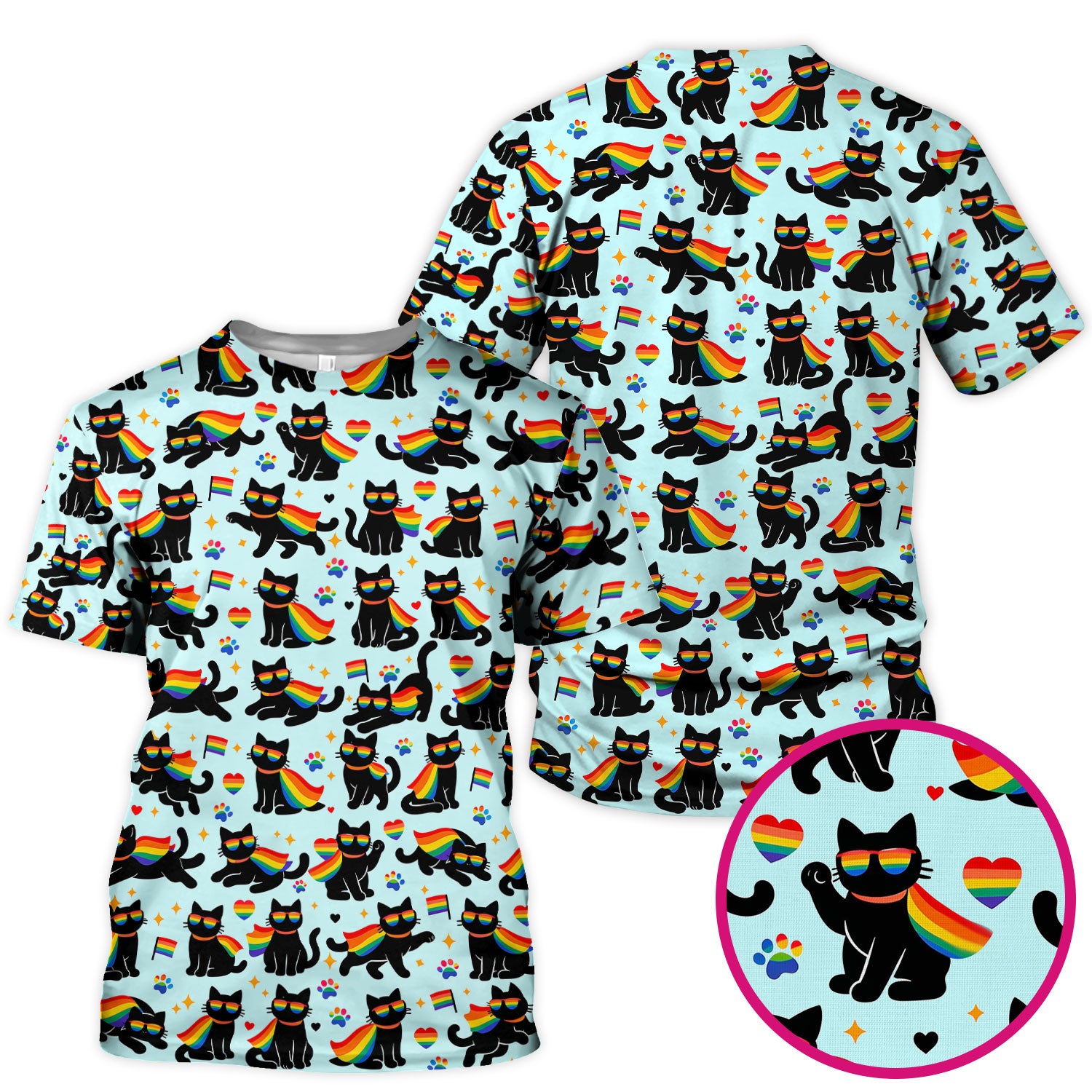 Rainbow Black Cat Pride Pattern Scrub Top, Breathable Fabrics Nursing Uniform