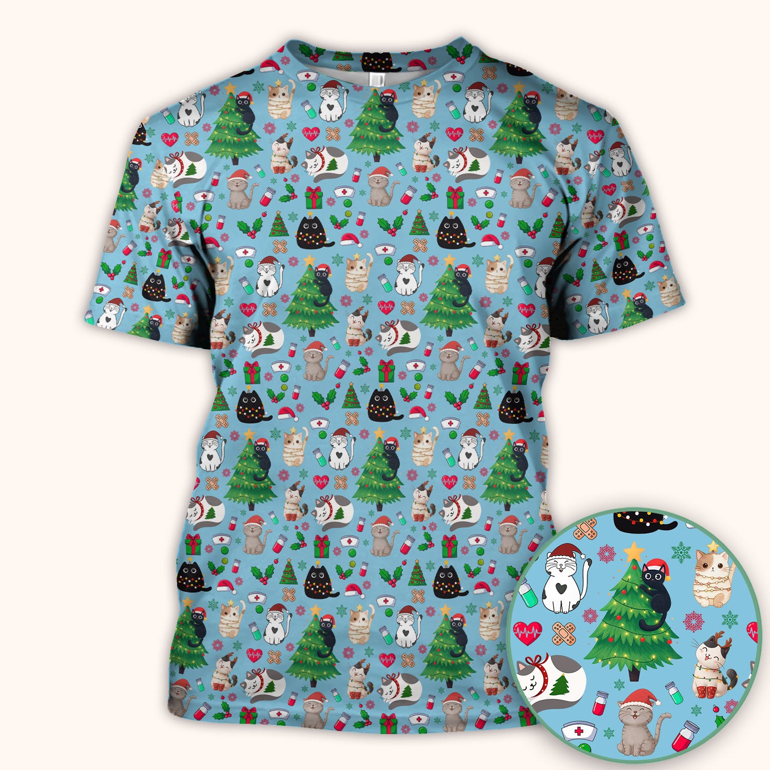 Christmas Cat Scrub Top, Xmas Pet Pattern Scrub Shirt, Breathable Fabrics Nursing Uniform