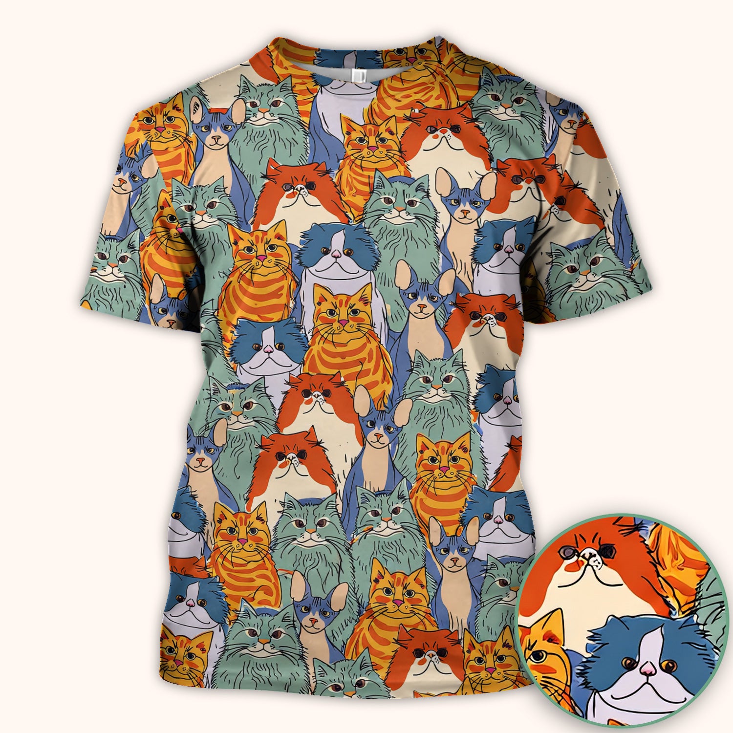 Cute Multicolor Cat Faces Illustration Pattern Scrub Top, Comfortable Scrubs for Nurses
