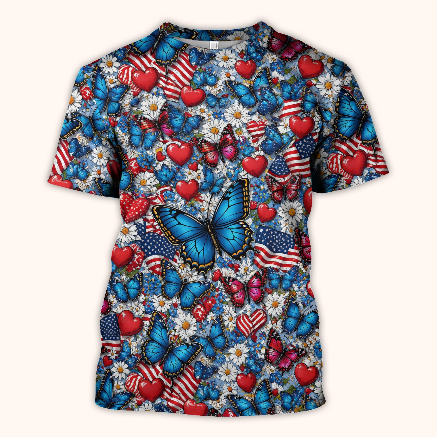 Festive Patriotic Butterfly Heart Floral Pattern Scrub Top, Comfortable Scrubs for Nurses