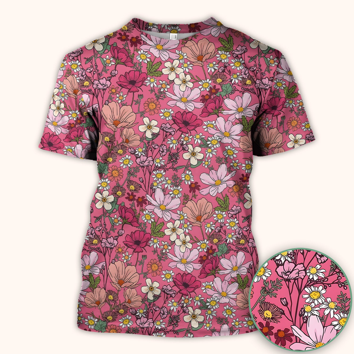 Pink Daisy Wildflower Nurse Pattern Scrub Top, Comfortable Scrubs for Nurses