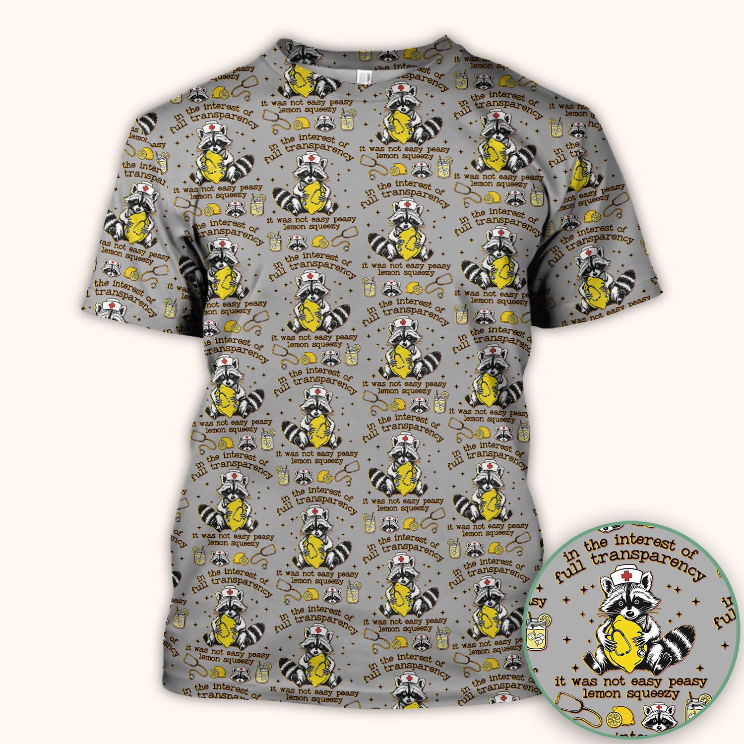 Raccoon Lemon Quote Medical Humor Pattern Scrub Top, Breathable Fabrics Nursing Uniform