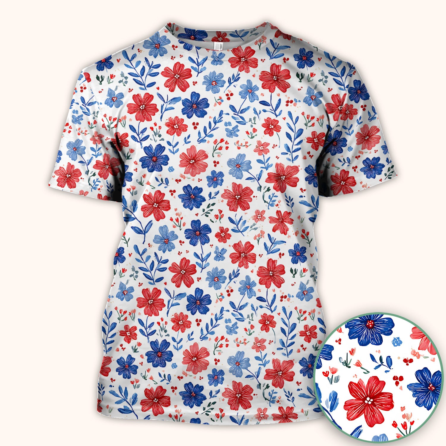 Patriotic Red White Blue Floral Print Scrub Top, Comfortable Scrubs for Nurses