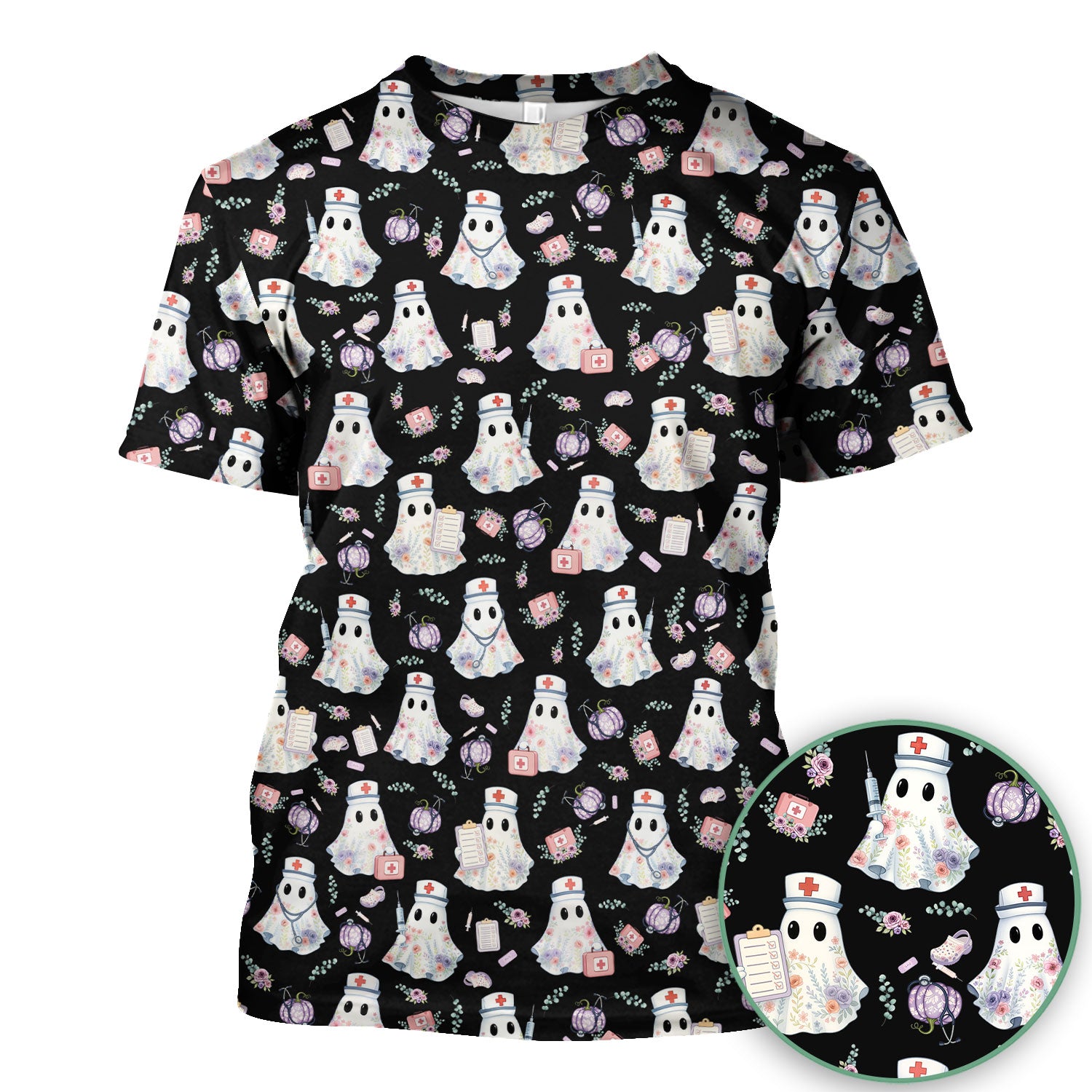 Ghost Nurse Medical Uniform - Cute Boo Halloween Pumpkin Scrub Top for Women - Gift for CRNA ICU Nurses