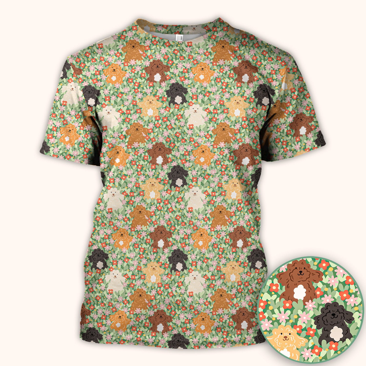 Cute Poodle Dogs Floral Pattern Scrubs Top, Breathable Fabrics Nursing Uniform