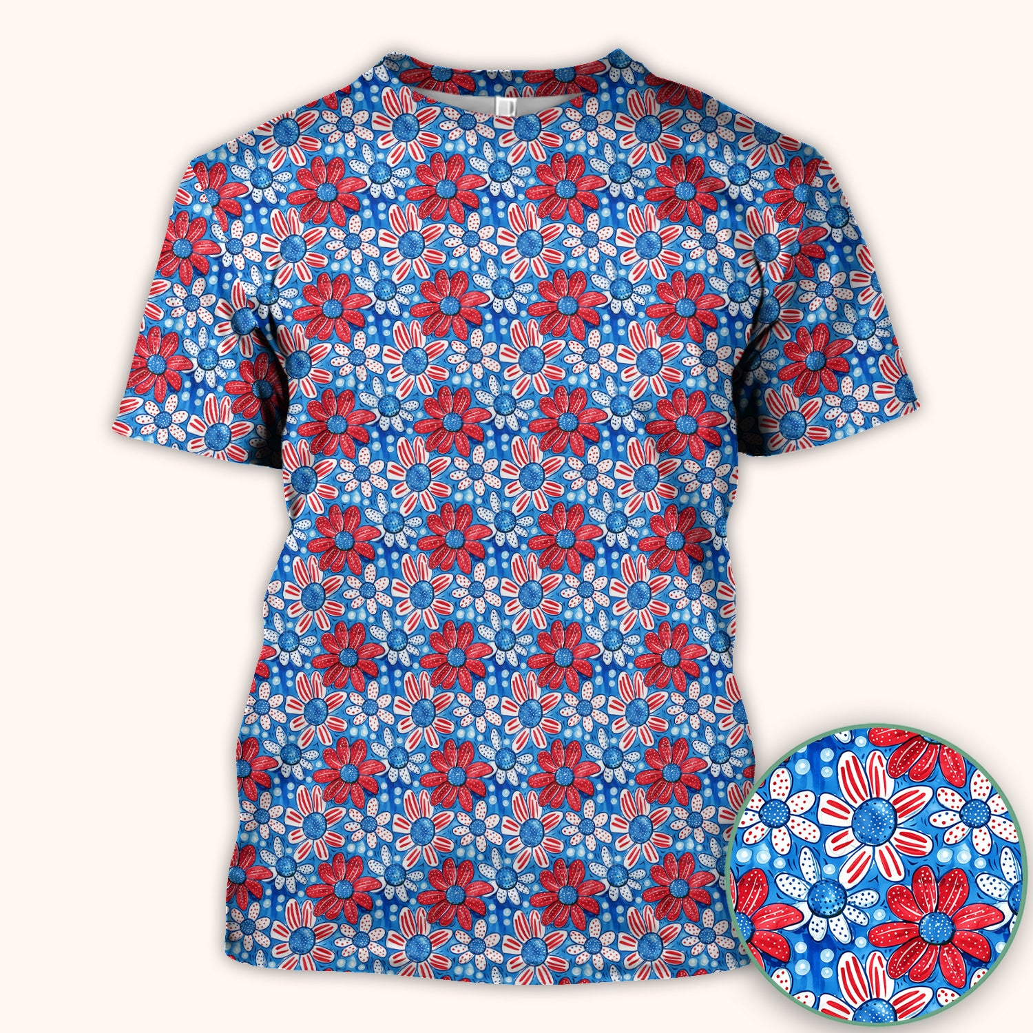 Cute Patriotic Daisy Blossom Repeat Pattern Scrub Top, Comfortable Scrubs for Nurses