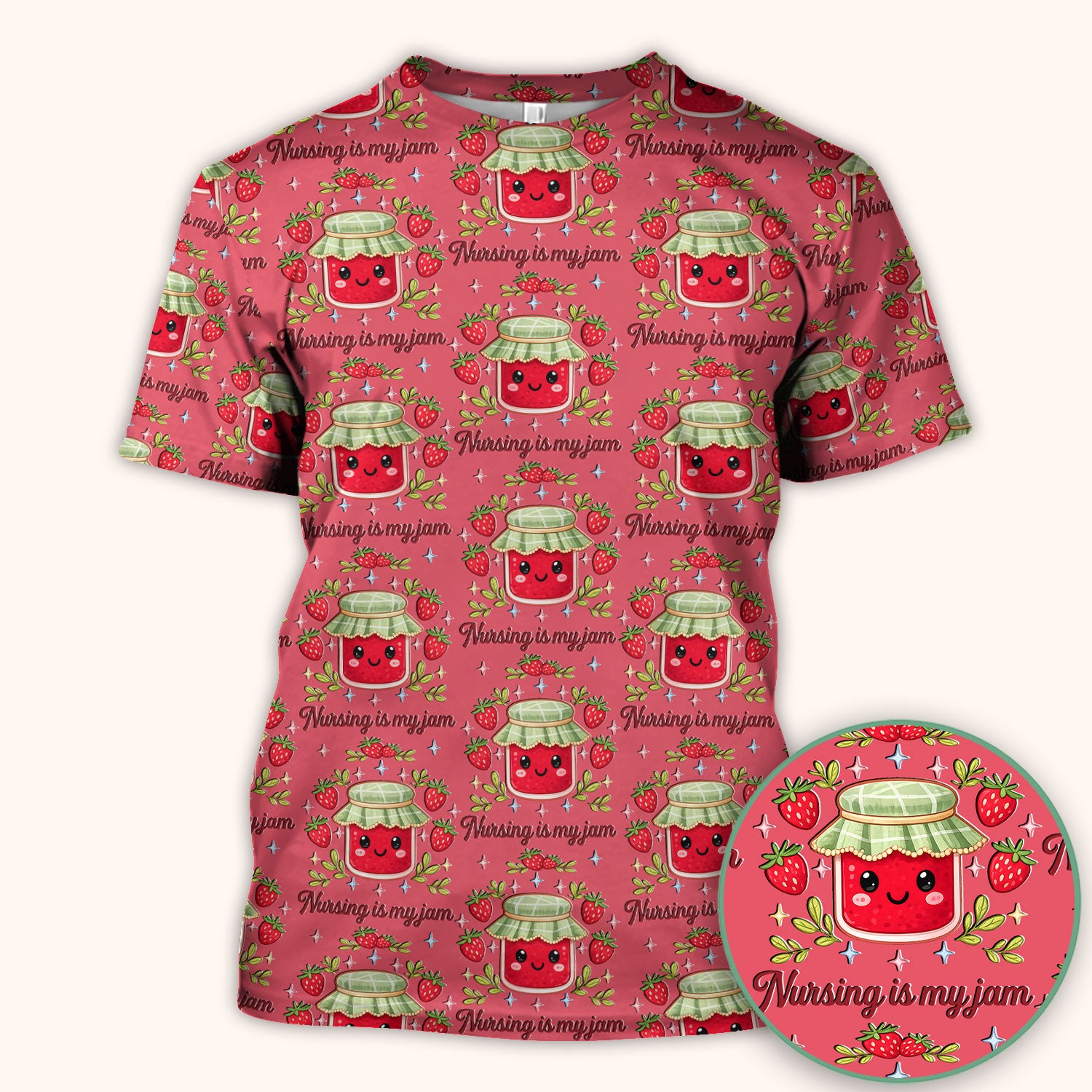 Cute Strawberry Jam Nurse Pattern Scrub Top, Breathable Fabrics Nursing Uniform