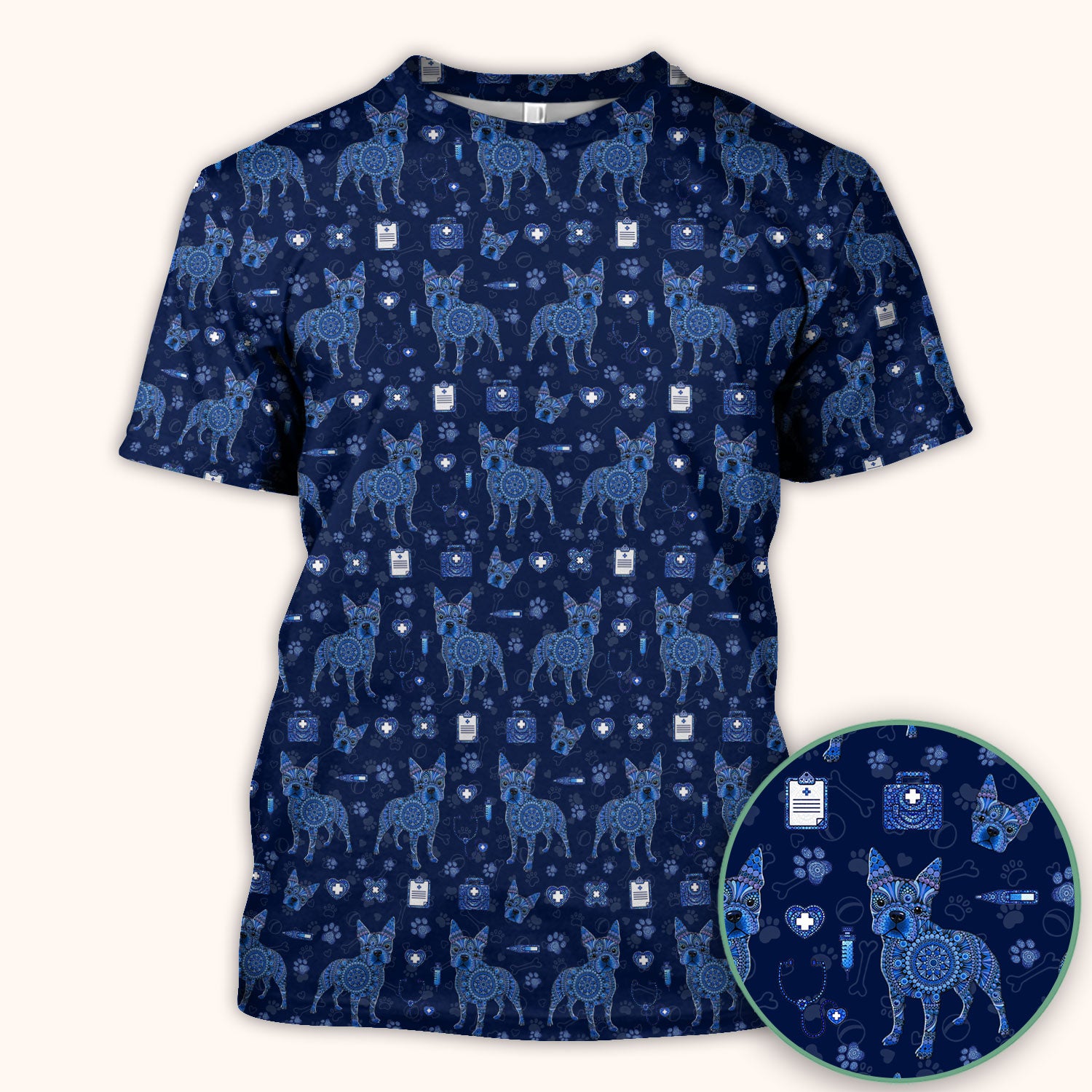 Blue Heeler Australian Cattle Dog Scrub Top, Australia Dot Art Pattern Shirt, Breathable Fabrics Nursing Uniform