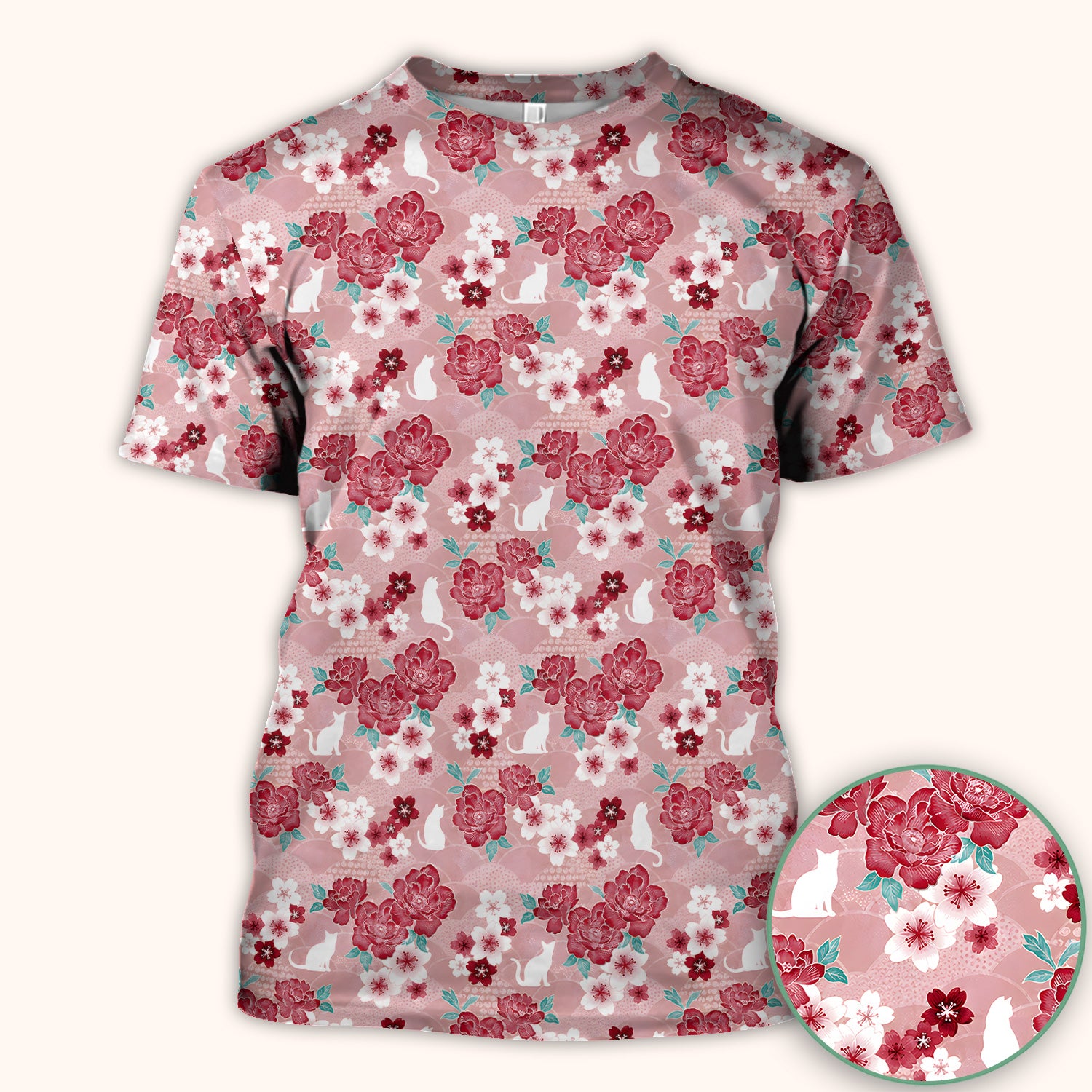 Floral White Cat Nurse Scrub Top for RN, CNA, Veterinary Staff, Cat Lover Uniform