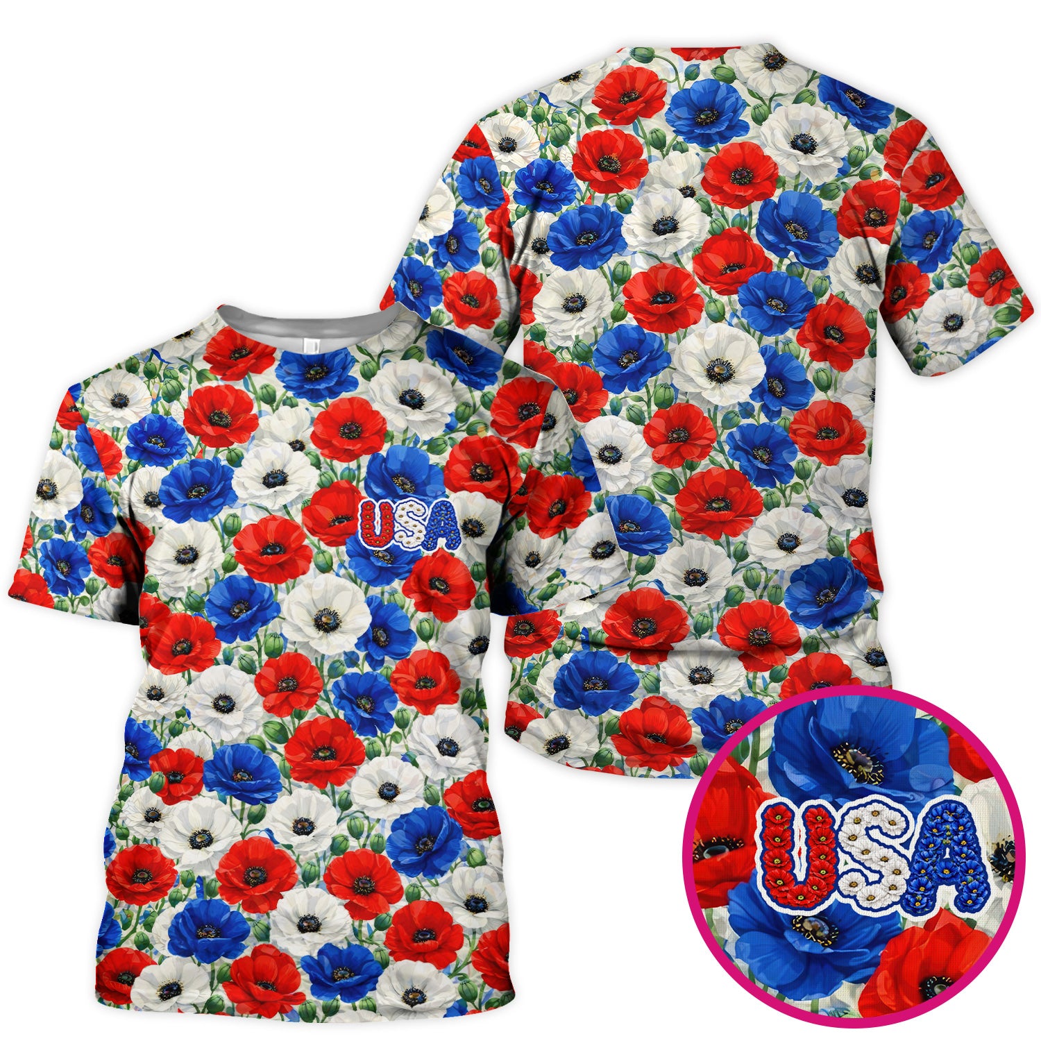 Festive Patriotic Red Blue Poppy Floral Pattern Scrub Top, Comfortable Scrubs for Nurses