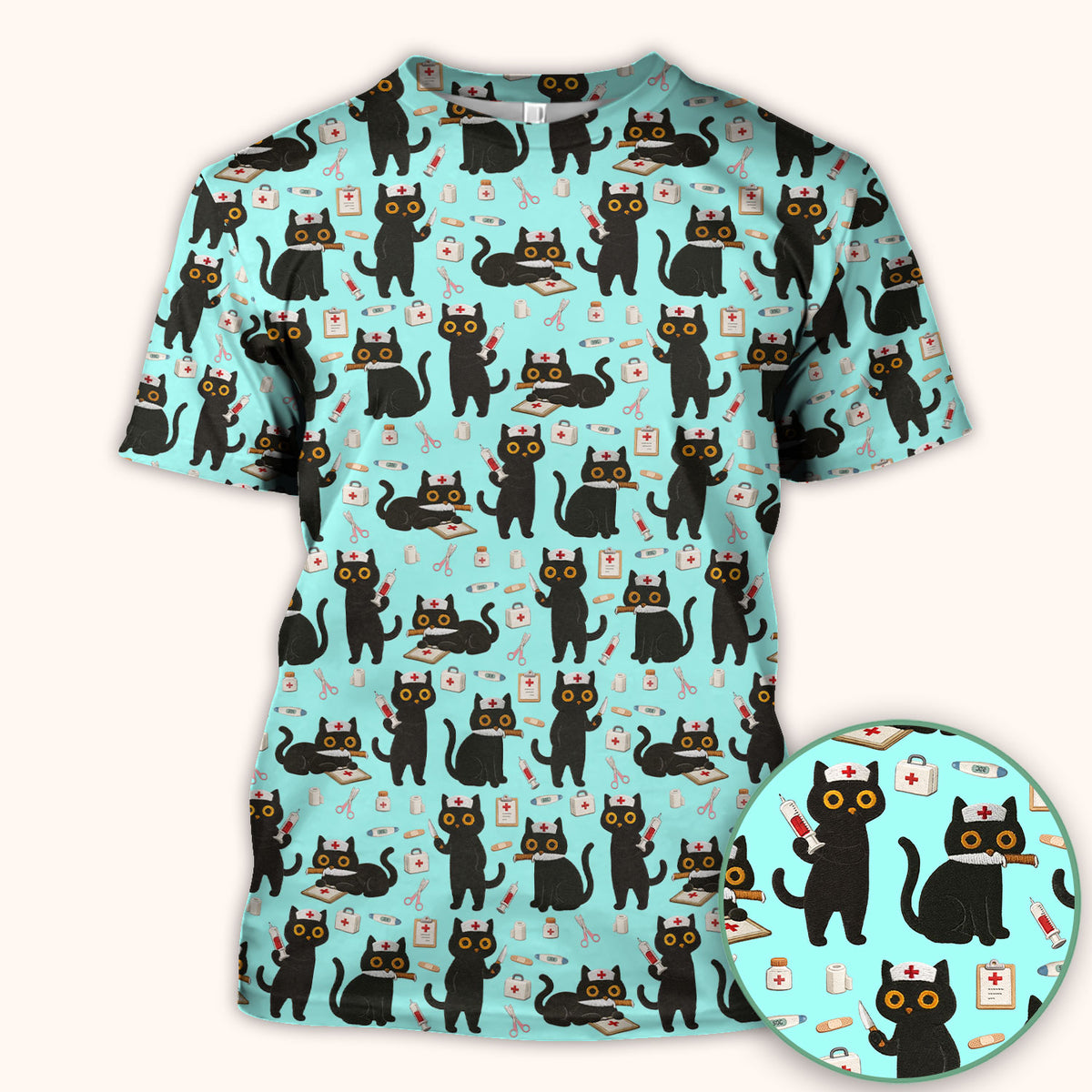 Cute Black Cat Nurse Pattern Scrub Top, Comfortable Scrubs for Nurses