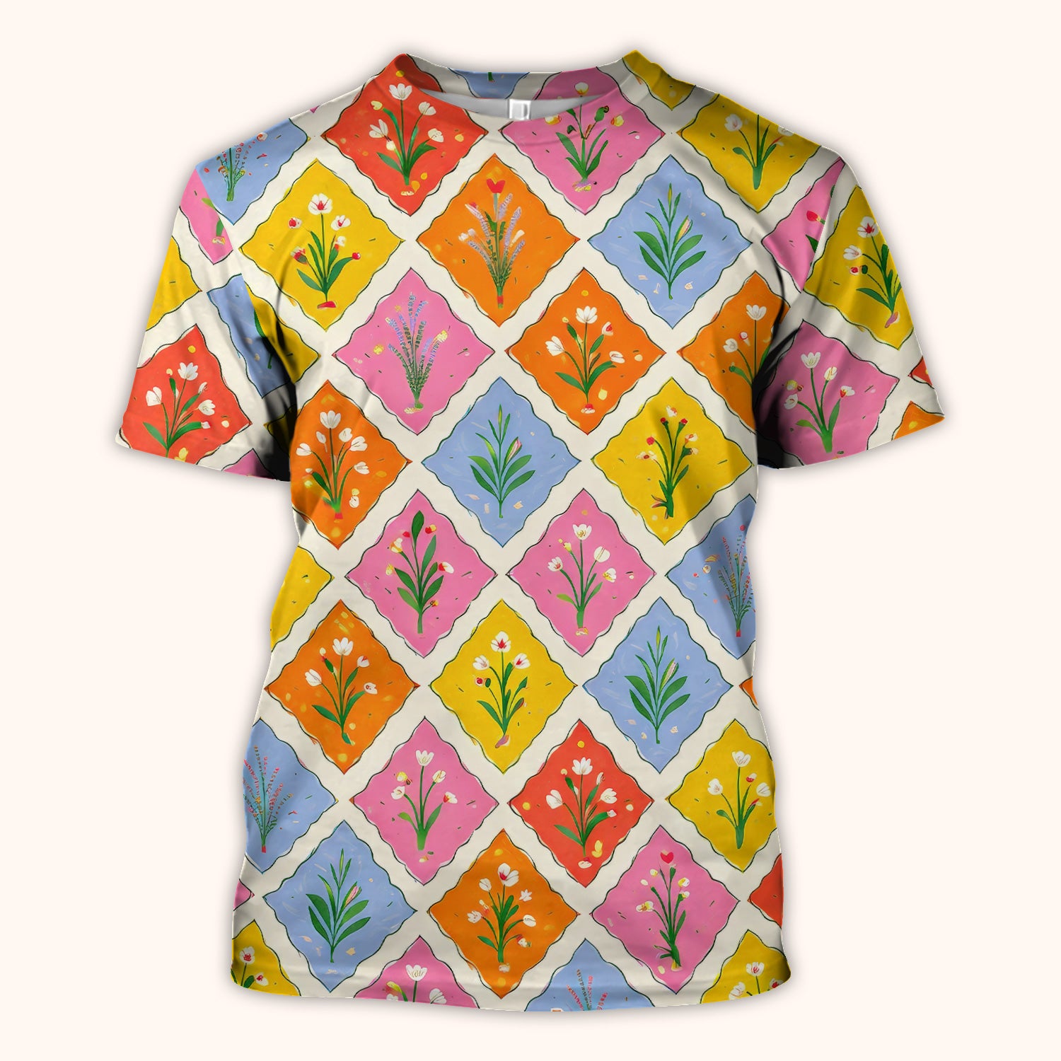 Cute Colorful Floral Tile Pattern Scrub Top, Breathable Fabrics Nursing Uniform