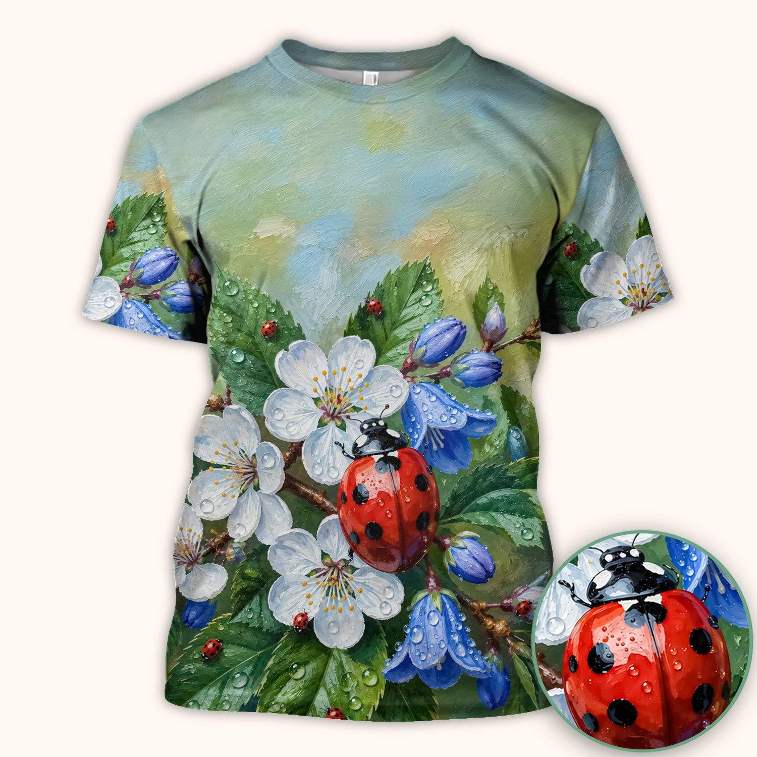 Cute Ladybug Blossom Garden Pattern Scrub Top, Comfortable Scrubs for Nurses