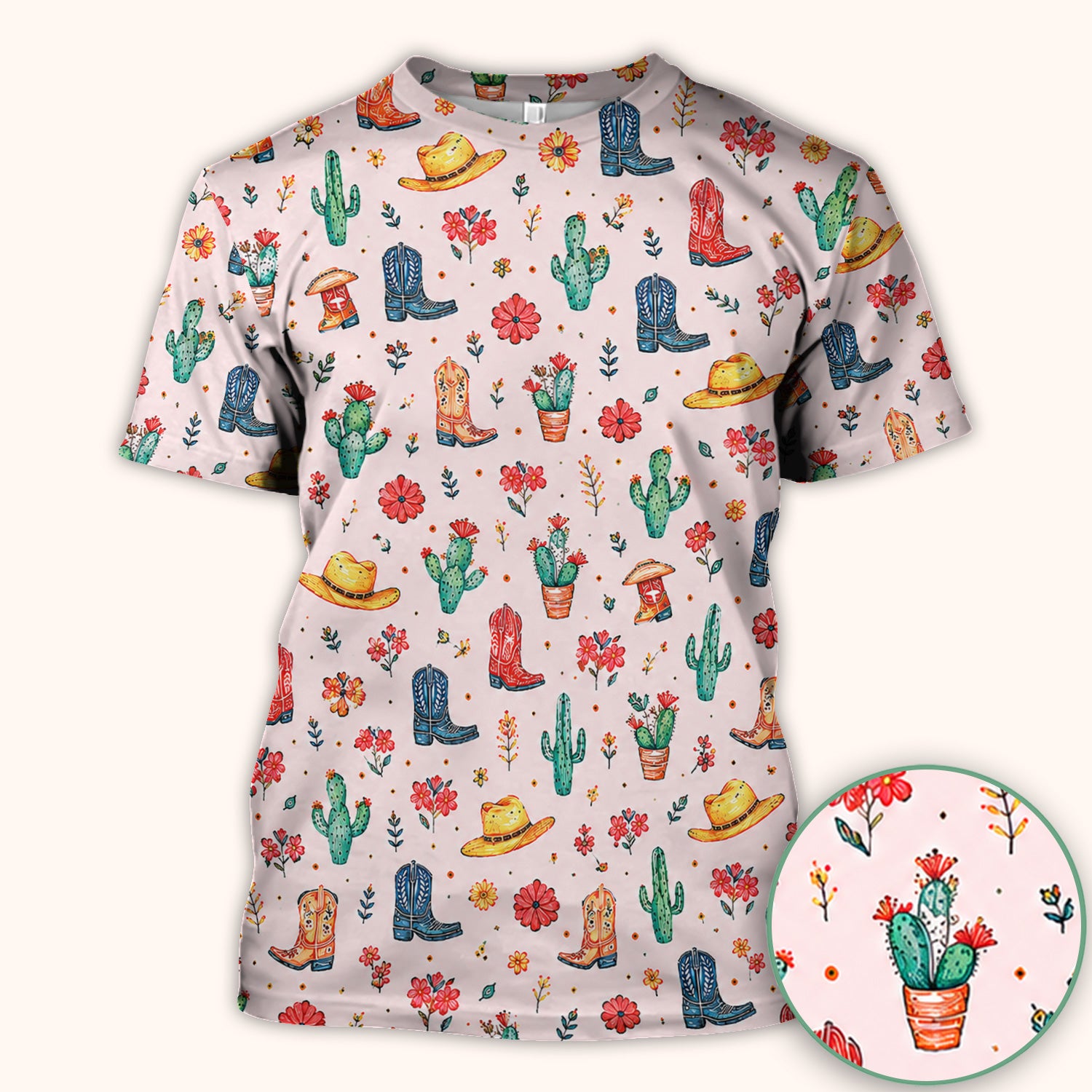 Whimsical Western Cactus Boots Pattern Scrub Top, Breathable Fabrics Nursing Uniform