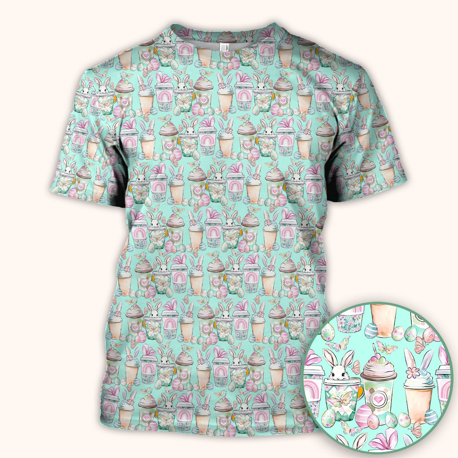 Cute Easter Bunny Coffee Cup Pattern Scrub Top, Comfortable Scrubs for Nurses