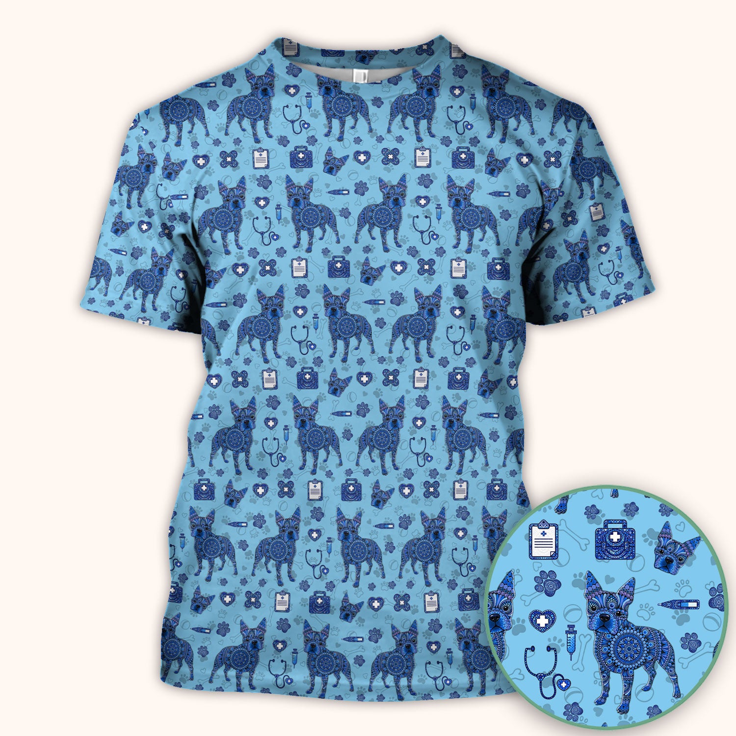 Blue Heeler Australian Cattle Dog Scrub Top, Australia Dot Art Pattern Shirt, Breathable Fabrics Nursing Uniform