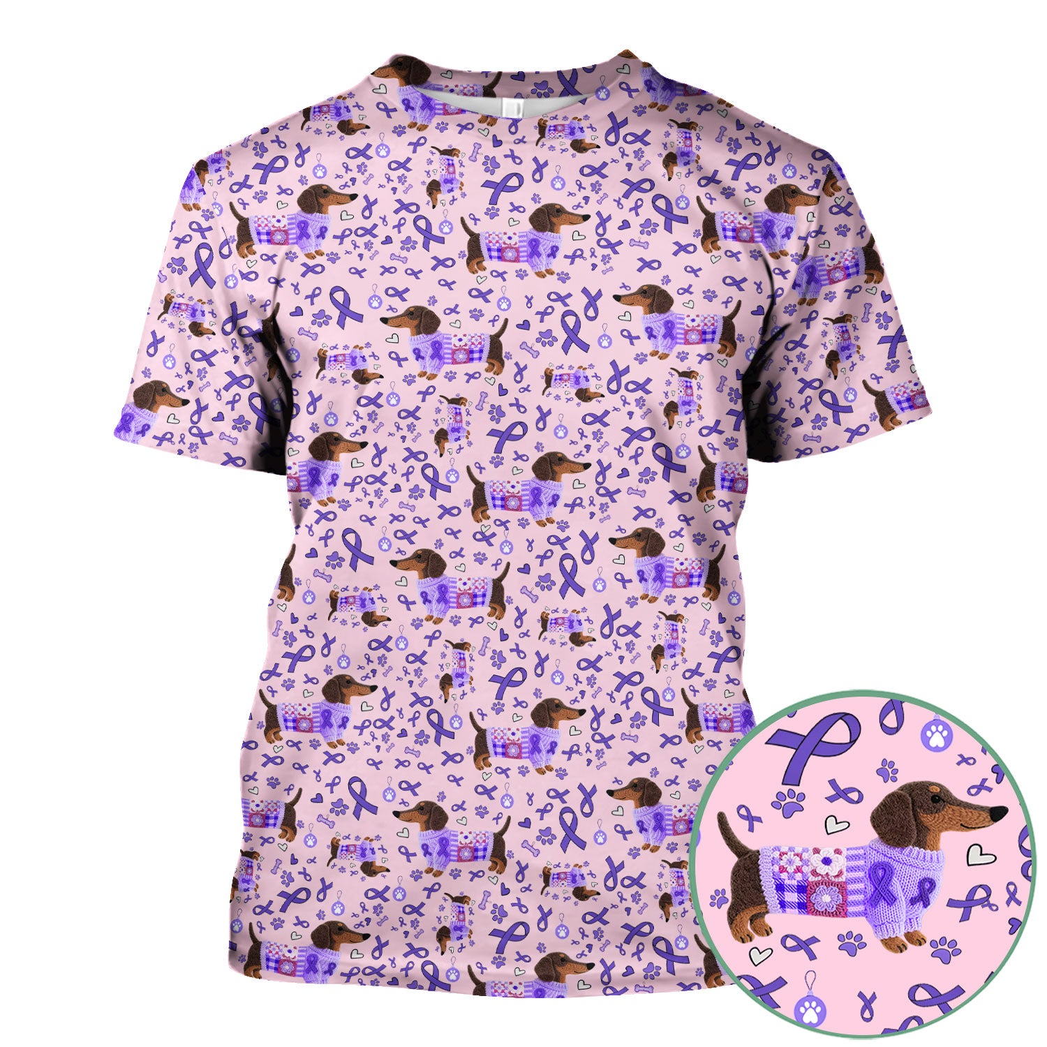 Purple Ribbon Dachshund Scrub Top for Nurses - Cute Awareness Dog Paw Prints - Support Lupus Cancer Med Uniform Gift for Women