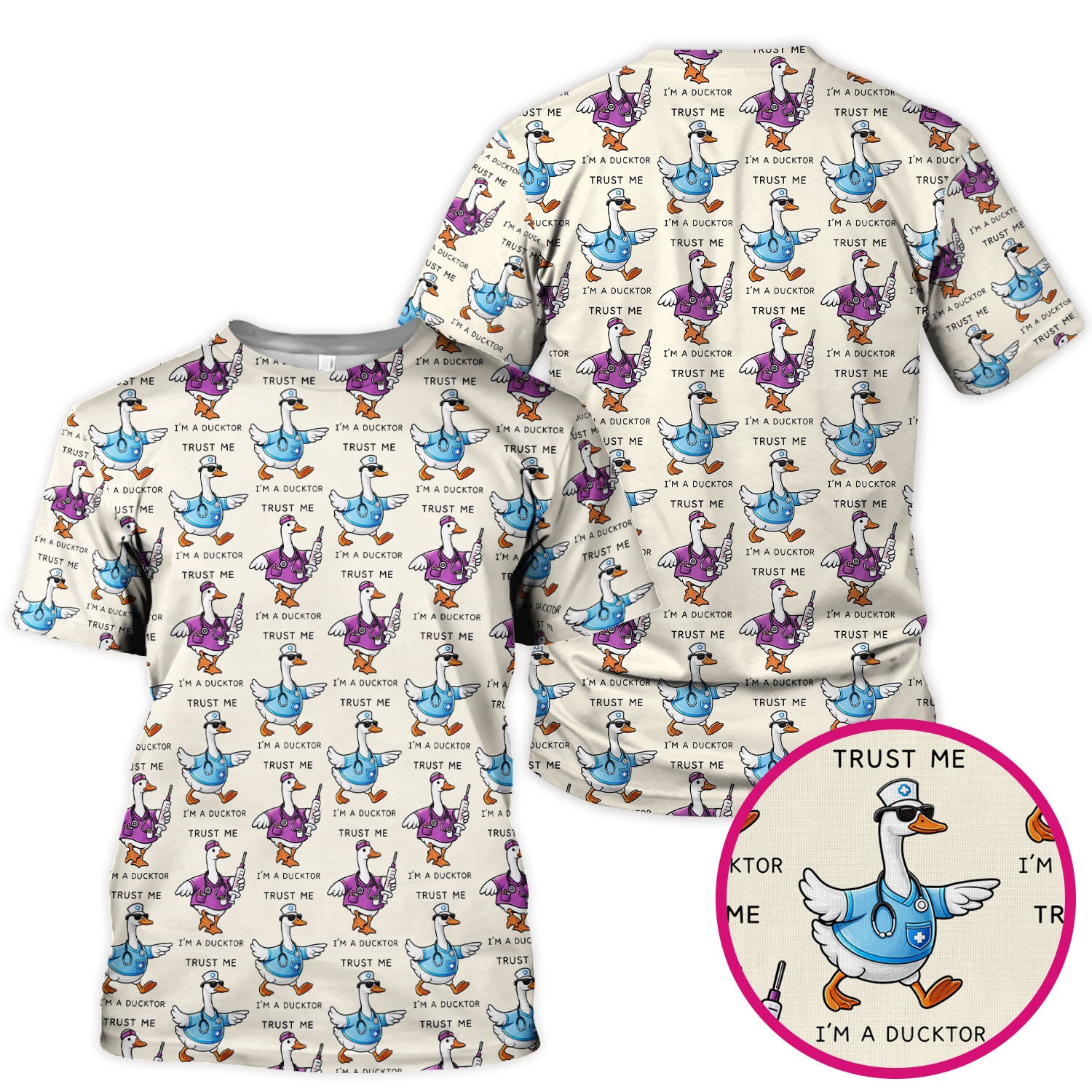 Funny Duck Cartoon Medical Pattern Scrub Top, Comfortable Scrubs for Nurses