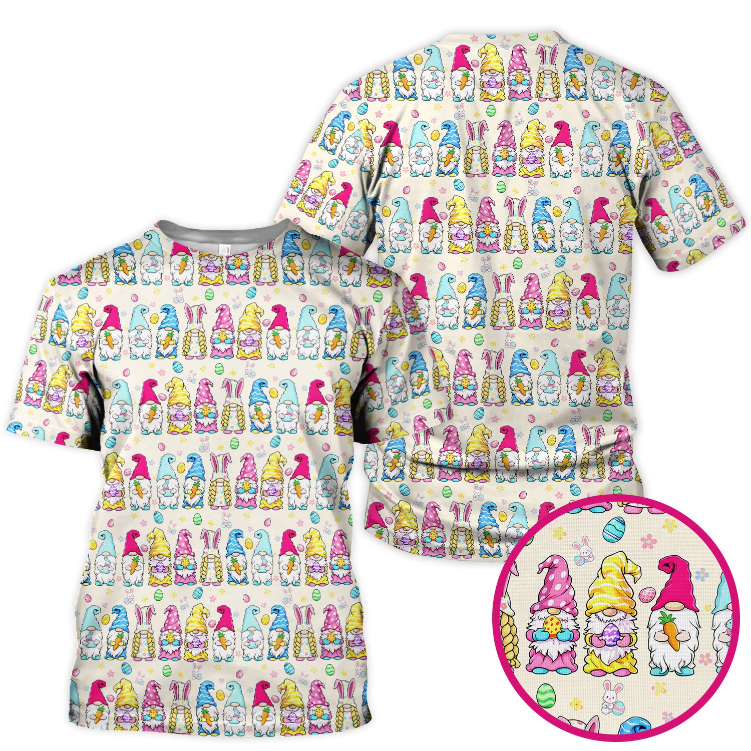 Colorful Easter Gnome Bunny Eggs Print Scrub Top, Comfortable Scrubs for Nurses