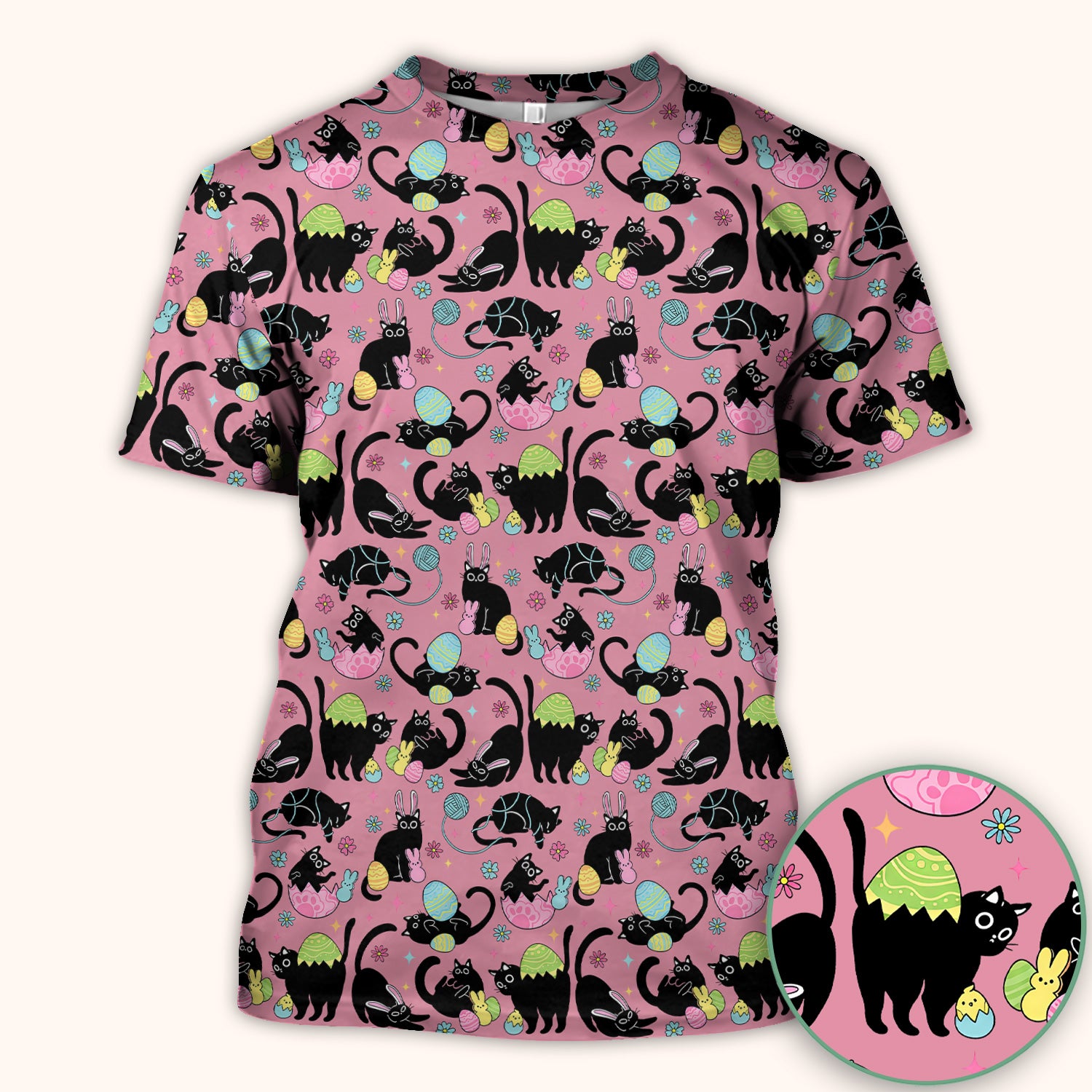 Funny Easter Black Cat Egg Pattern Scrub Top, Breathable Fabrics Nursing Uniform