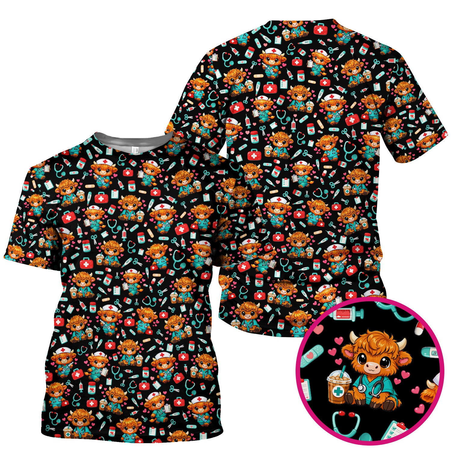 Cute Highland Cow Nurse Scrub Top, Kawaii Medical Pattern Shirt, Breathable Fabrics Nursing Uniform
