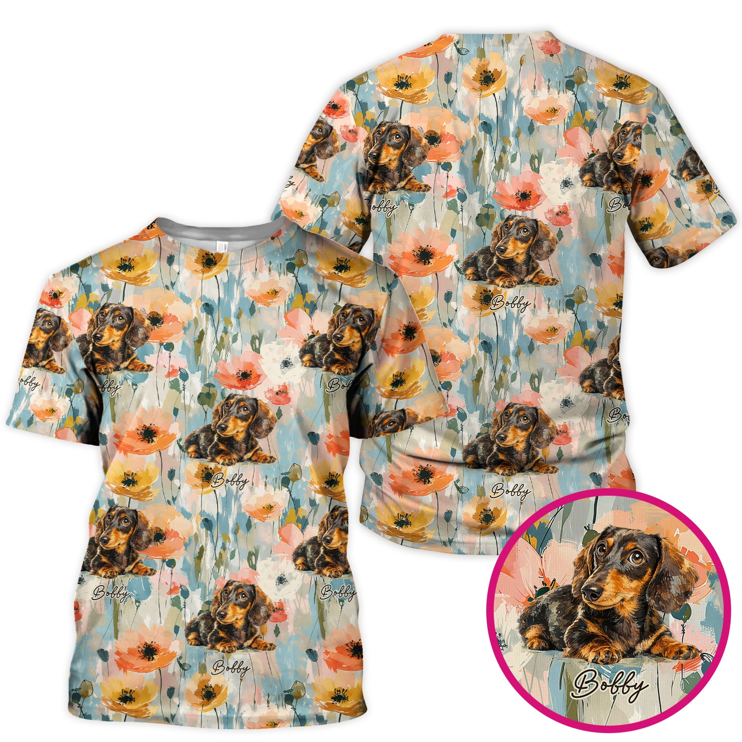 Personalized Dachshund Floral Portrait Pattern Scrub Top, Comfortable Scrubs for Nurses