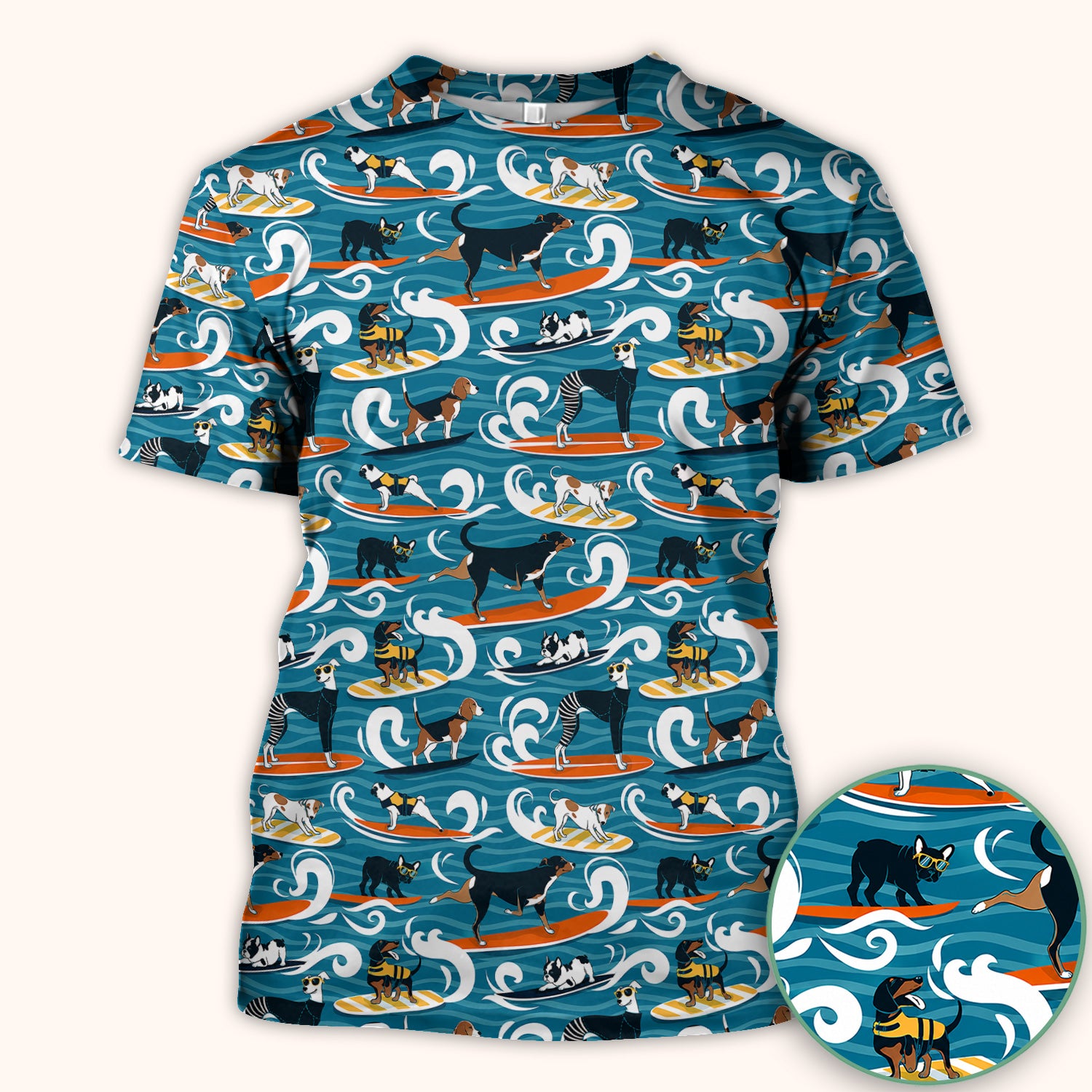 Surfing Dogs Ocean Wave Print Scrub Top, Comfortable Scrubs for Nurses