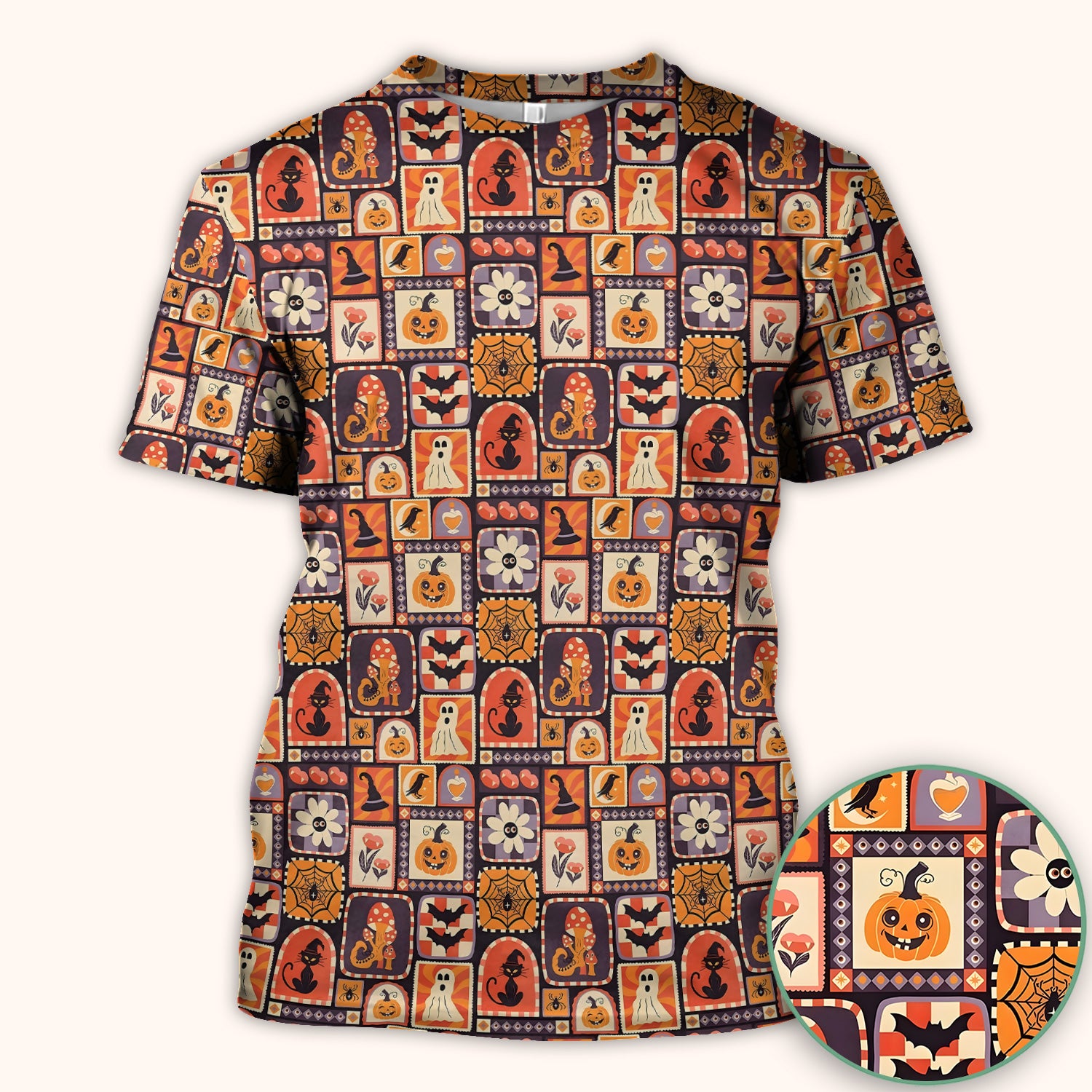 Retro Halloween Patchwork Icons Scrub Top, Comfortable Scrubs for Nurses